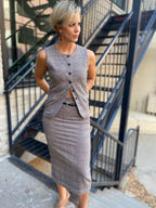 Parker Taupe & Pink Plaid Belted Midi Skirt