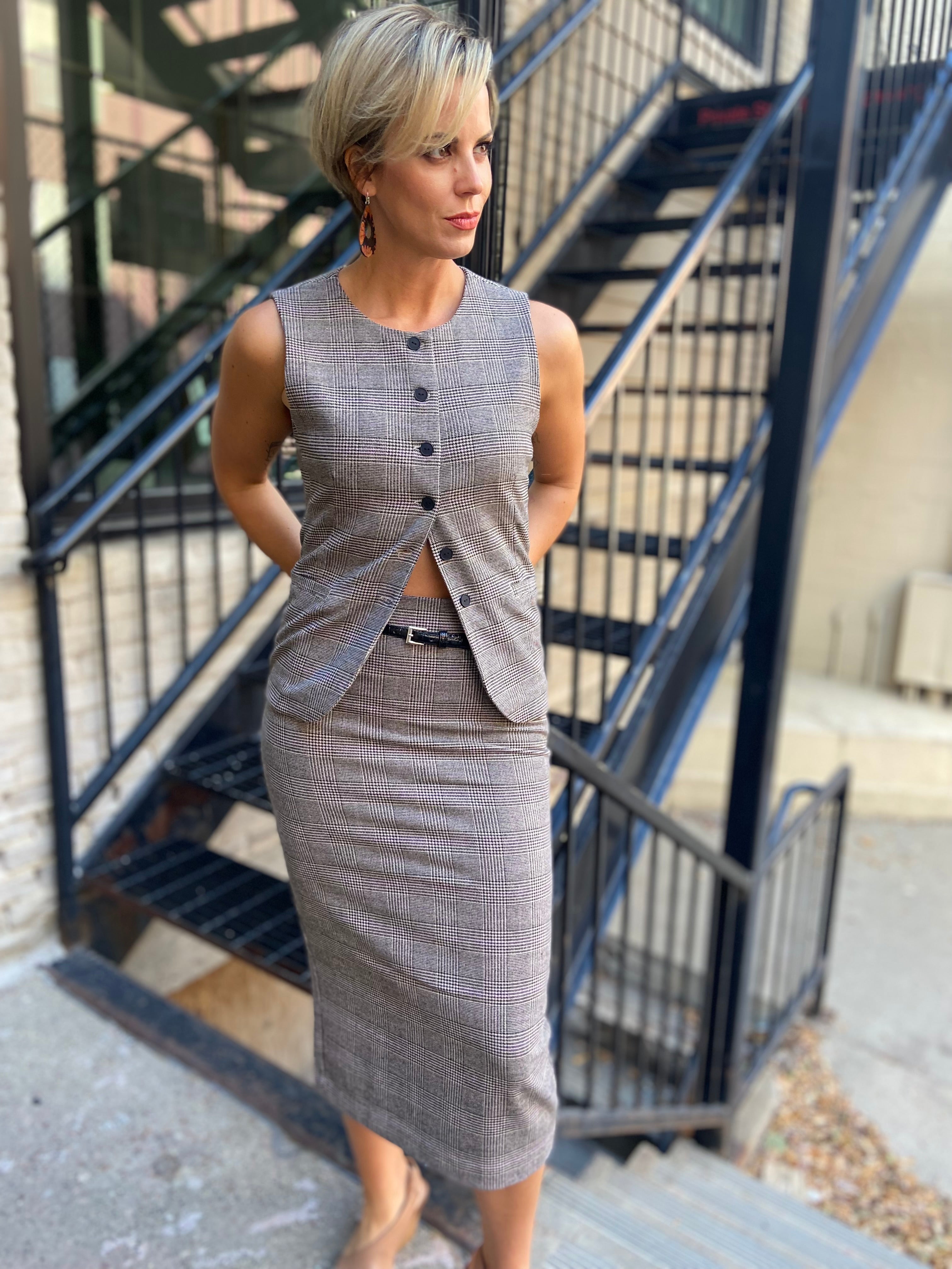 Parker Taupe & Pink Plaid Belted Midi Skirt