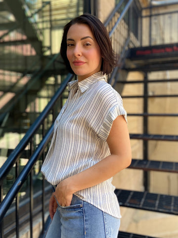 Ozias Plus Navy Striped Pintuck Cuffed Sleeve Top