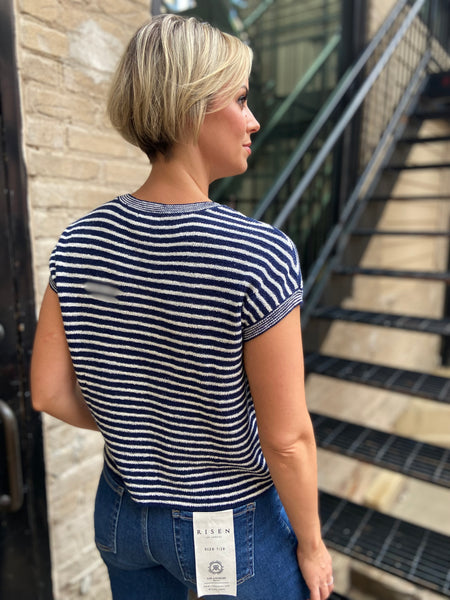 Hux Navy Striped Pocket Detail Short Sleeve Top