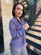 Kate Dusty Blue Pleated Long Sleeve Button Up