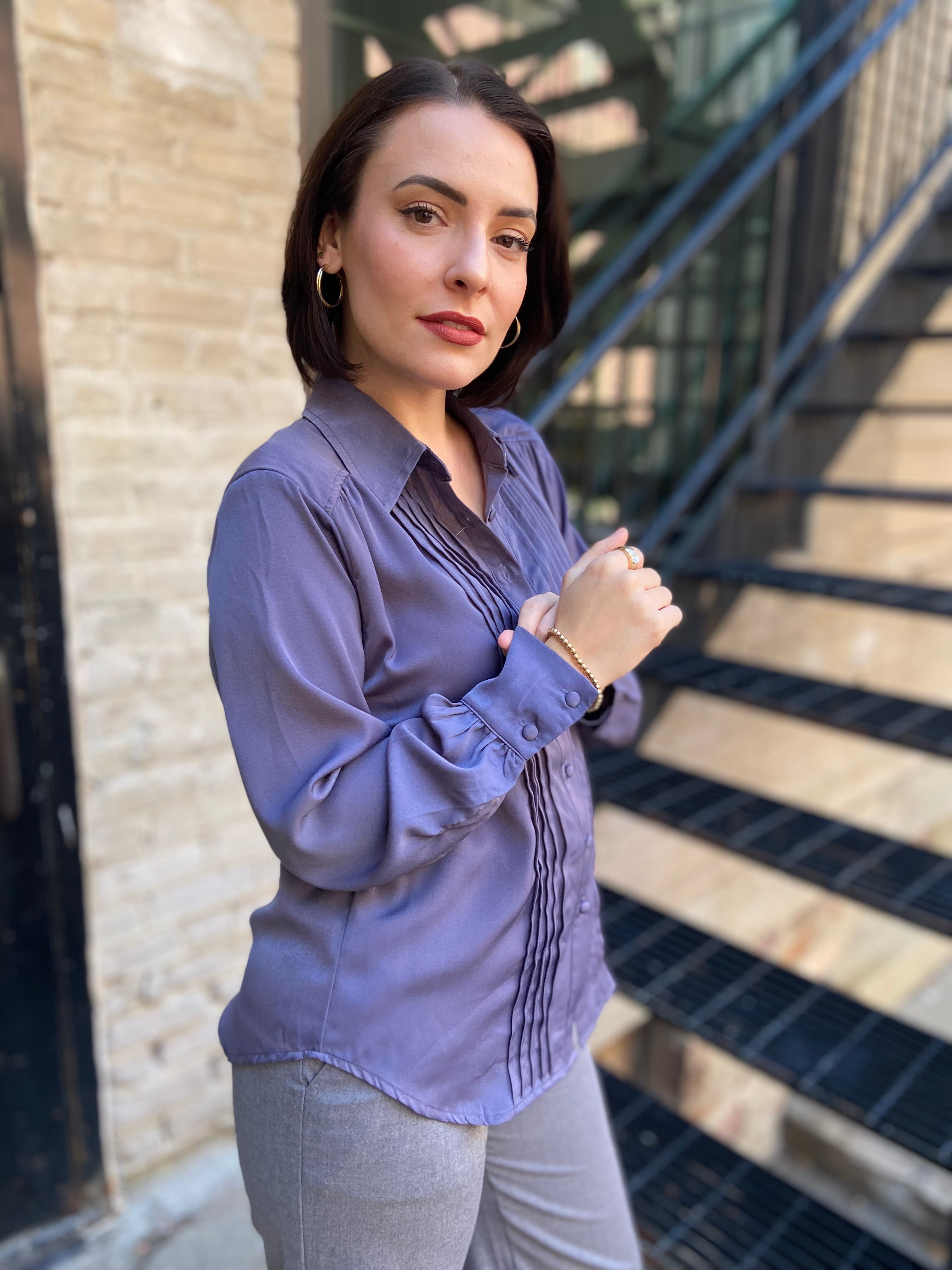 Kate Dusty Blue Pleated Long Sleeve Button Up