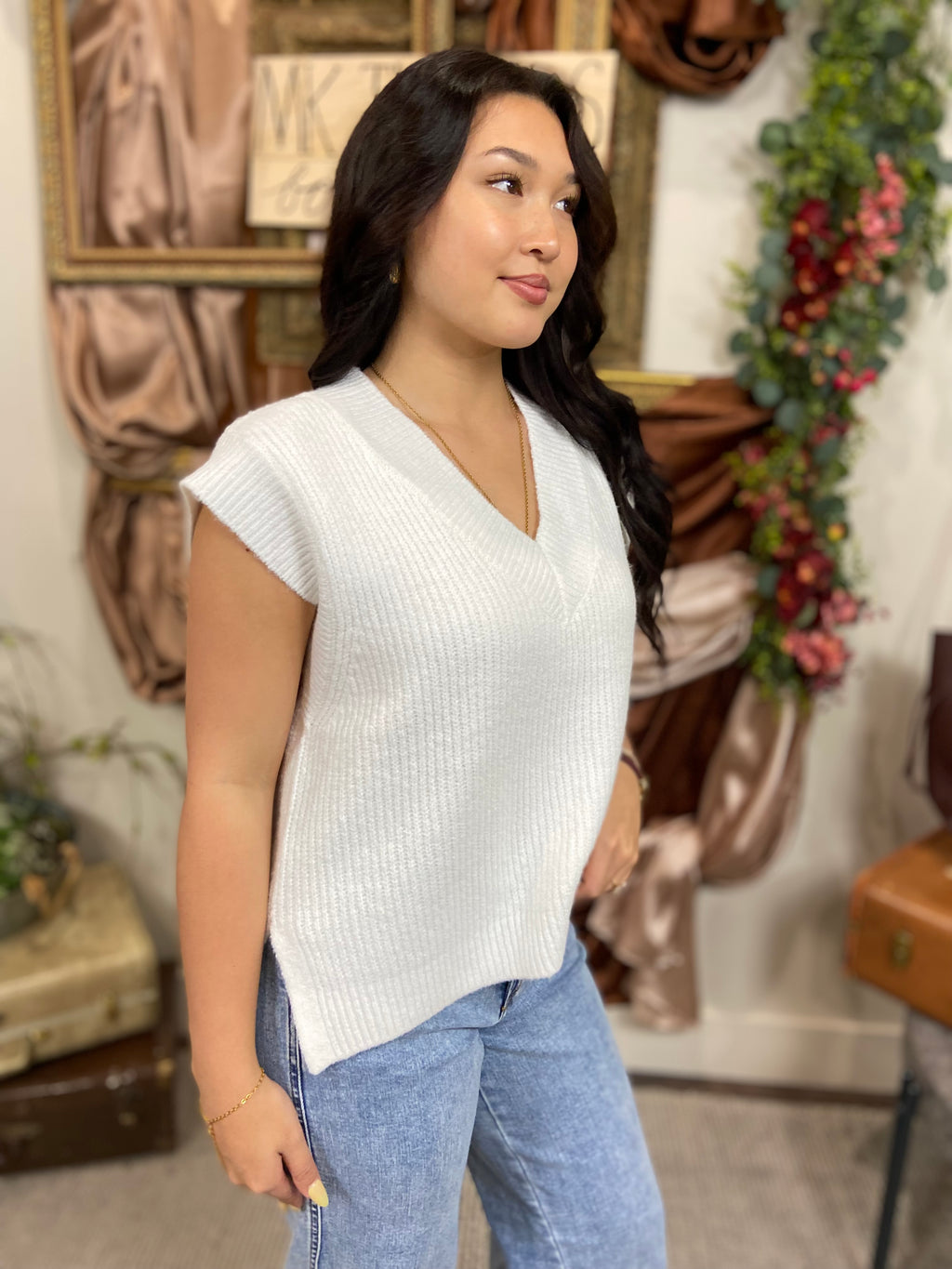 Kiara Ivory Oversized Sweater Vest Side Slit