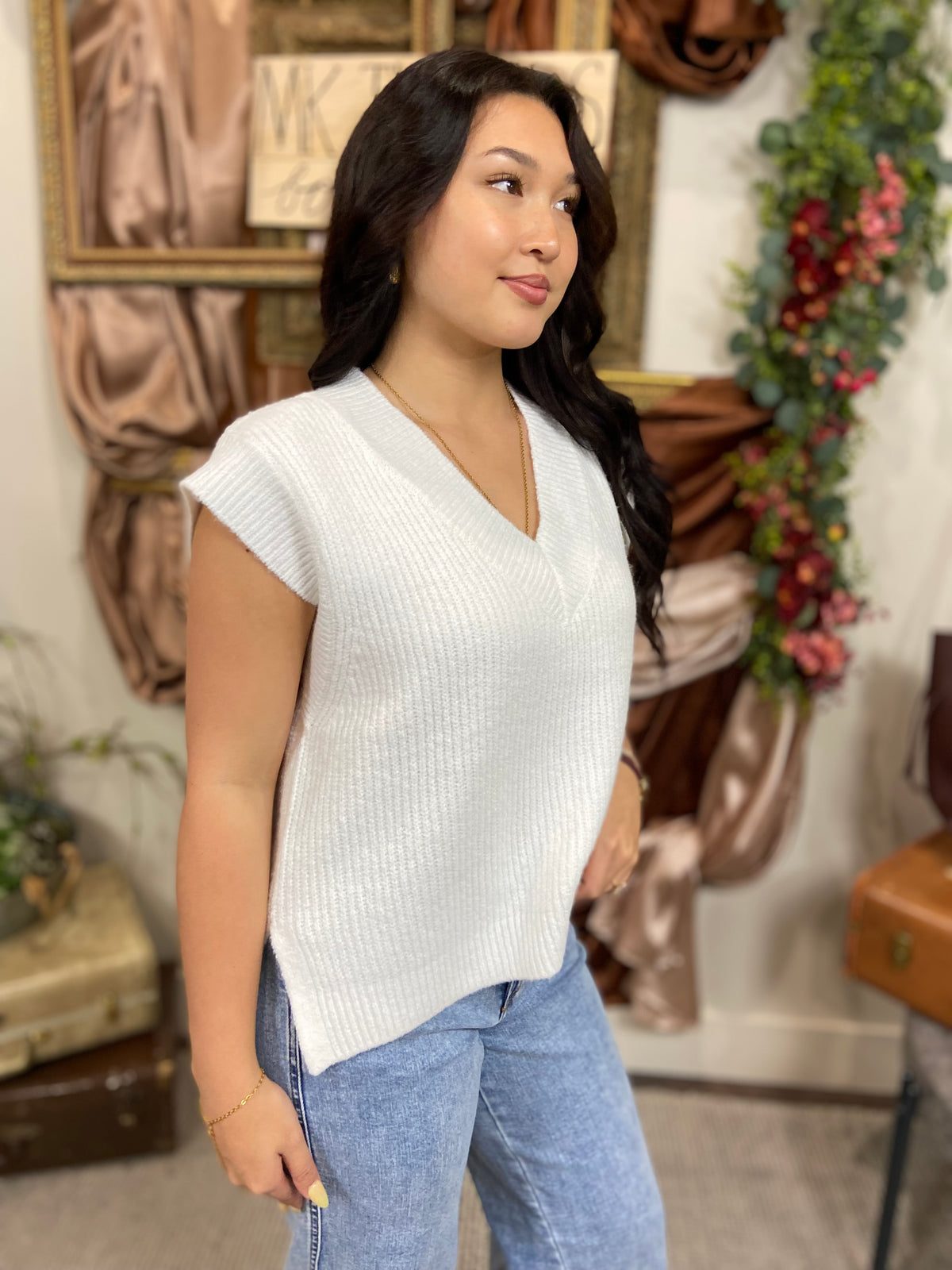 Kiara Ivory Oversized Sweater Vest Side Slit