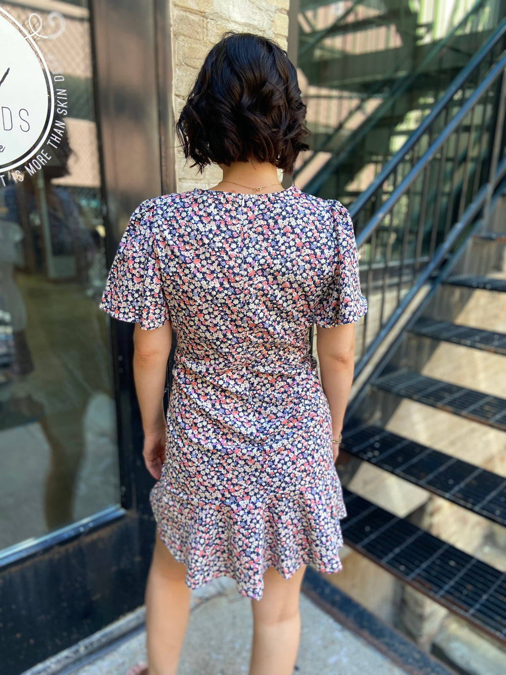Luci Black Floral V-Neck Cap Sleeve Mini Dress