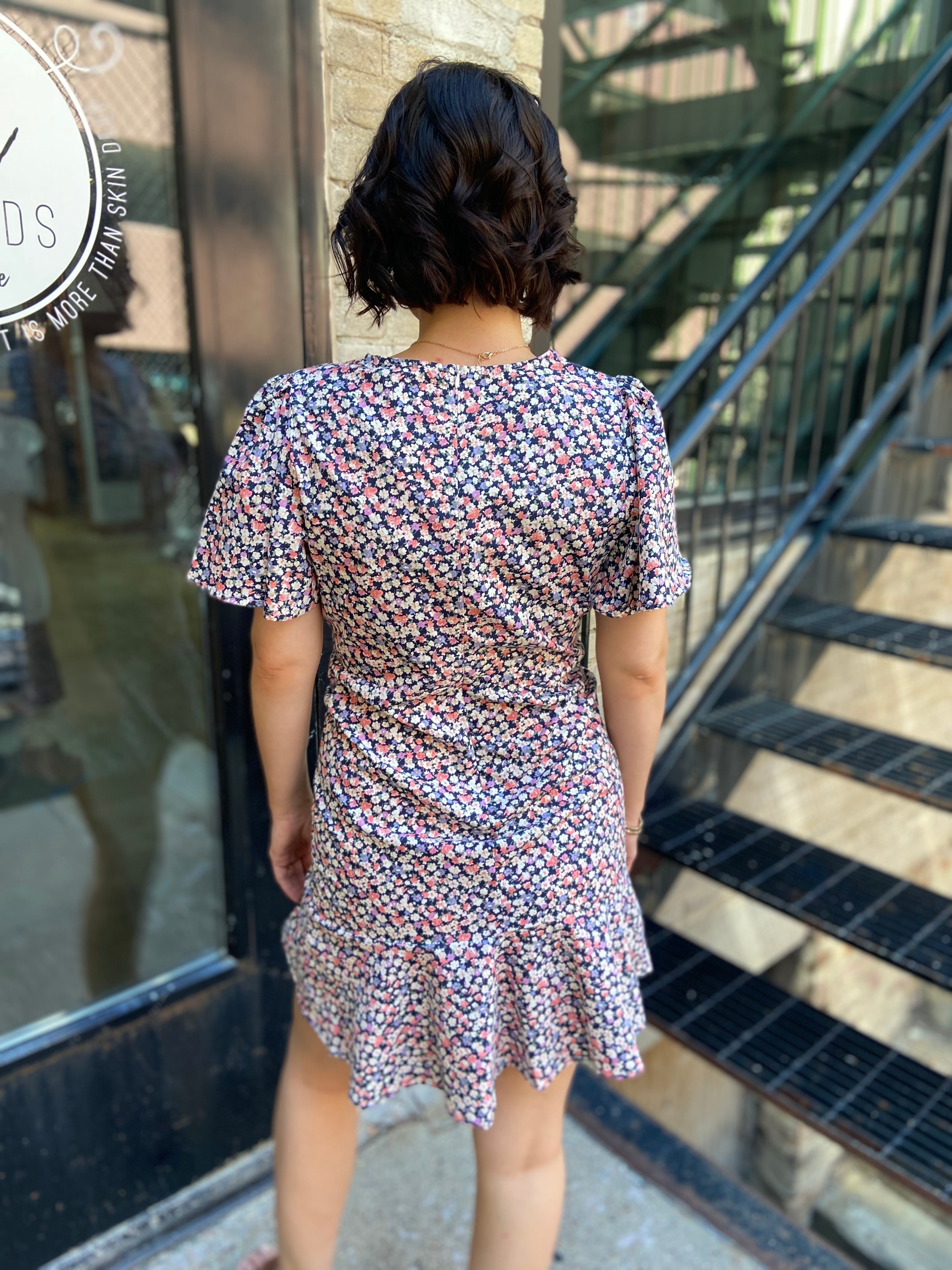 Luci Black Floral V-Neck Cap Sleeve Mini Dress