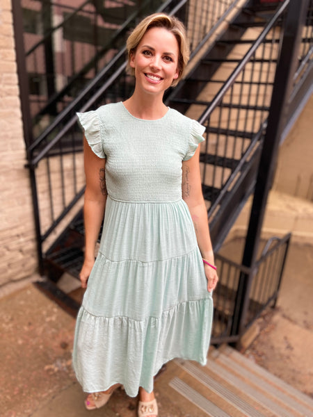 Stella Light Teal Smocked Tiered Midi Dress