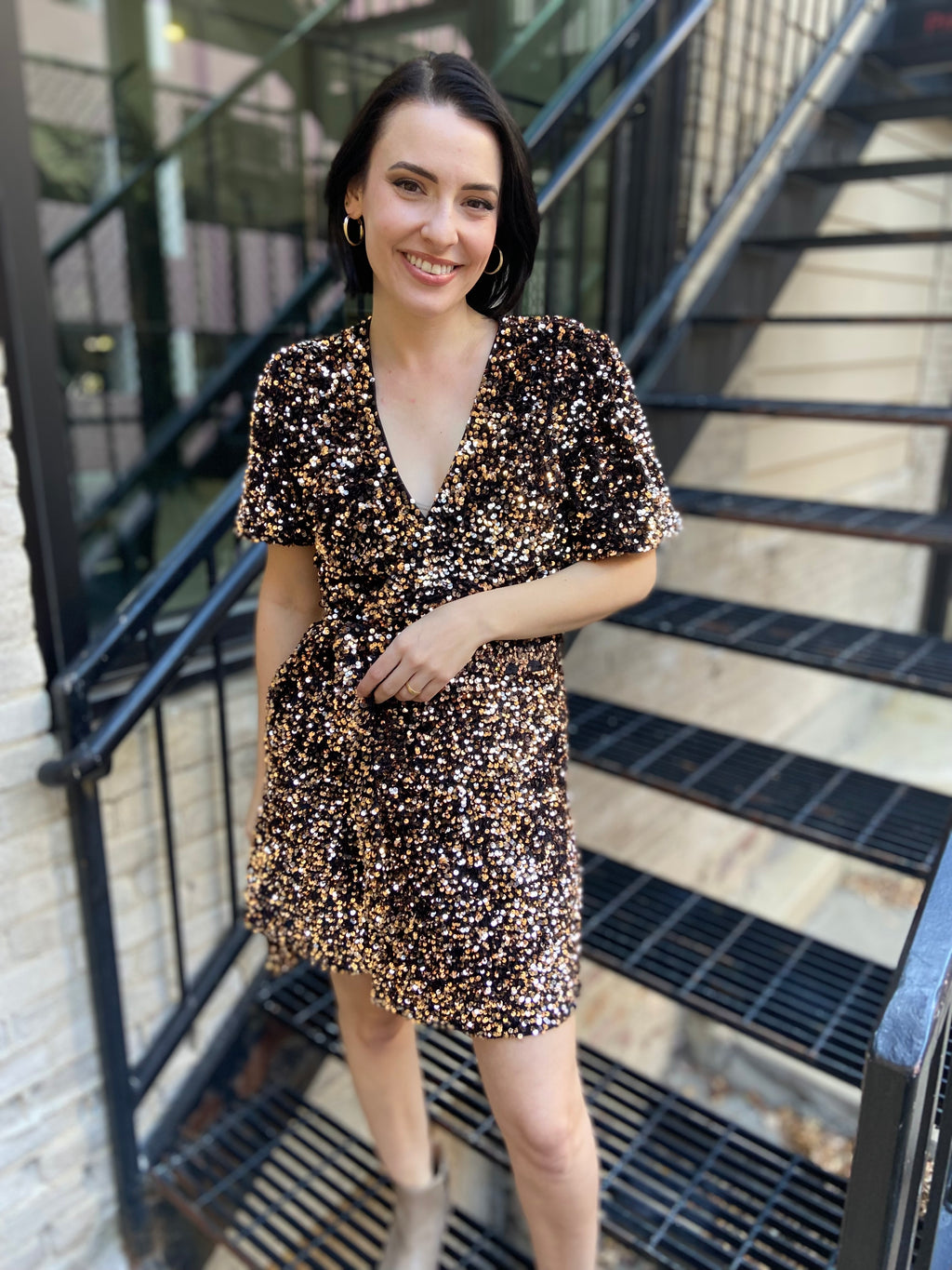 Peyton Black & Gold Sequin Wrap Mini Dress