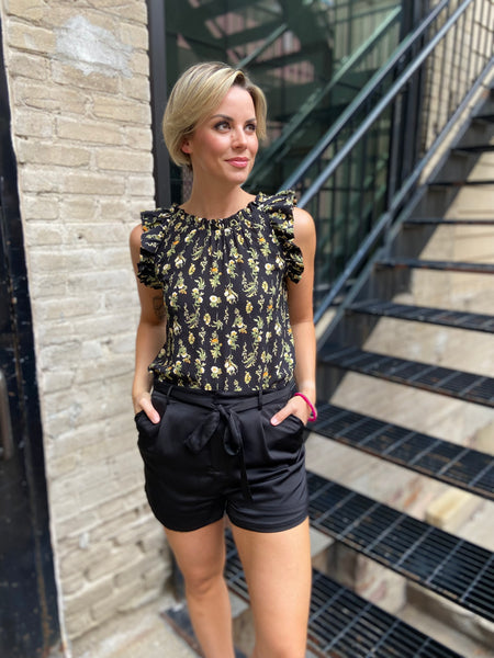 Onyx Black Floral Ruffle Sleeveless Top