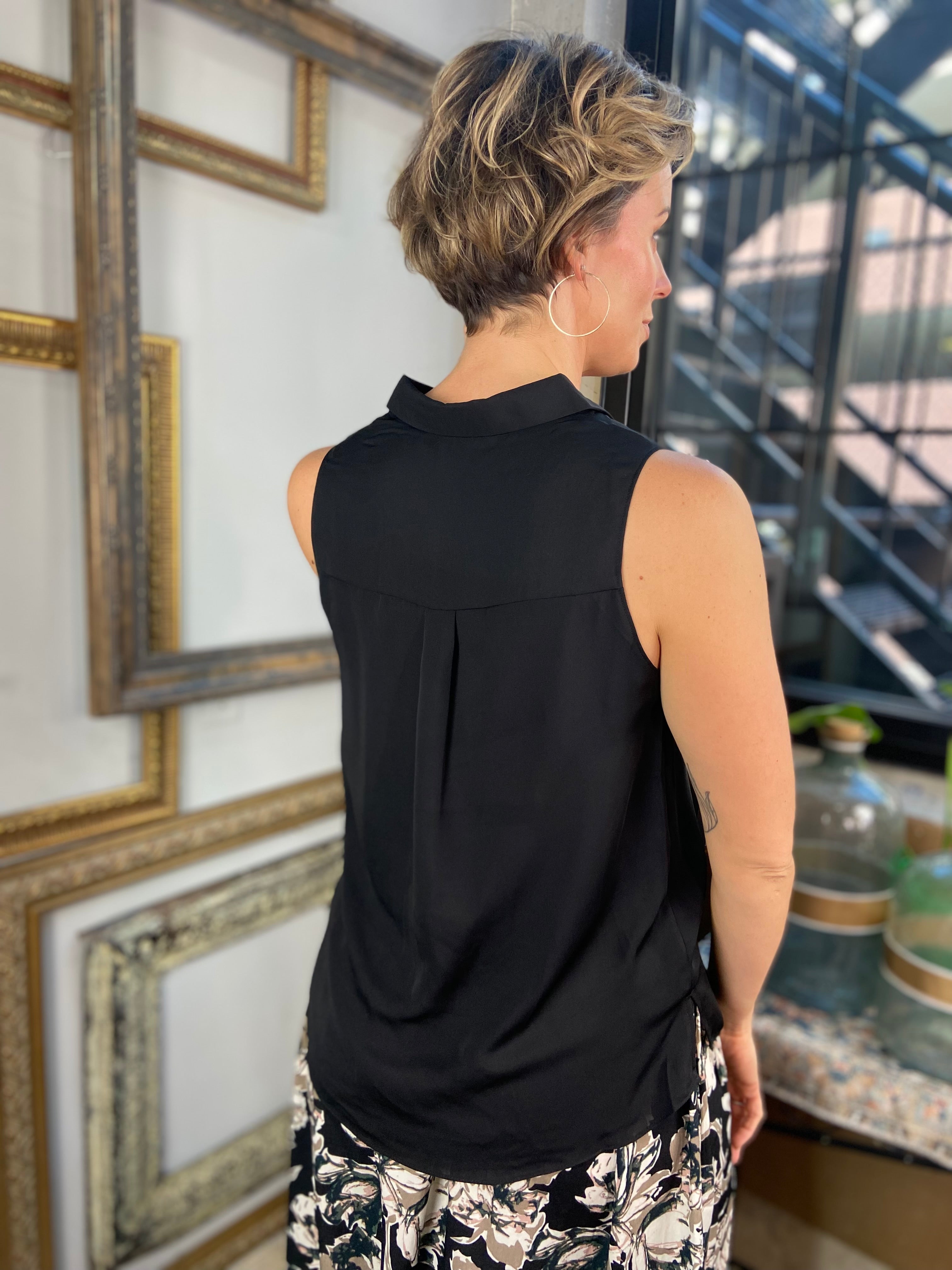 Stacy Black Sleeveless Collard V- Neck Top