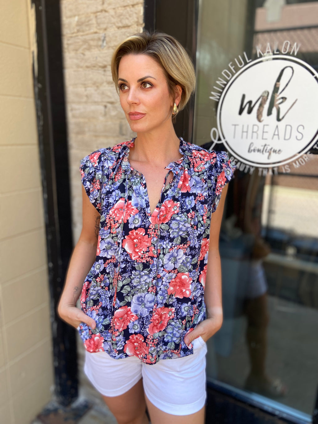 Robin Navy Floral Neck Tie Top