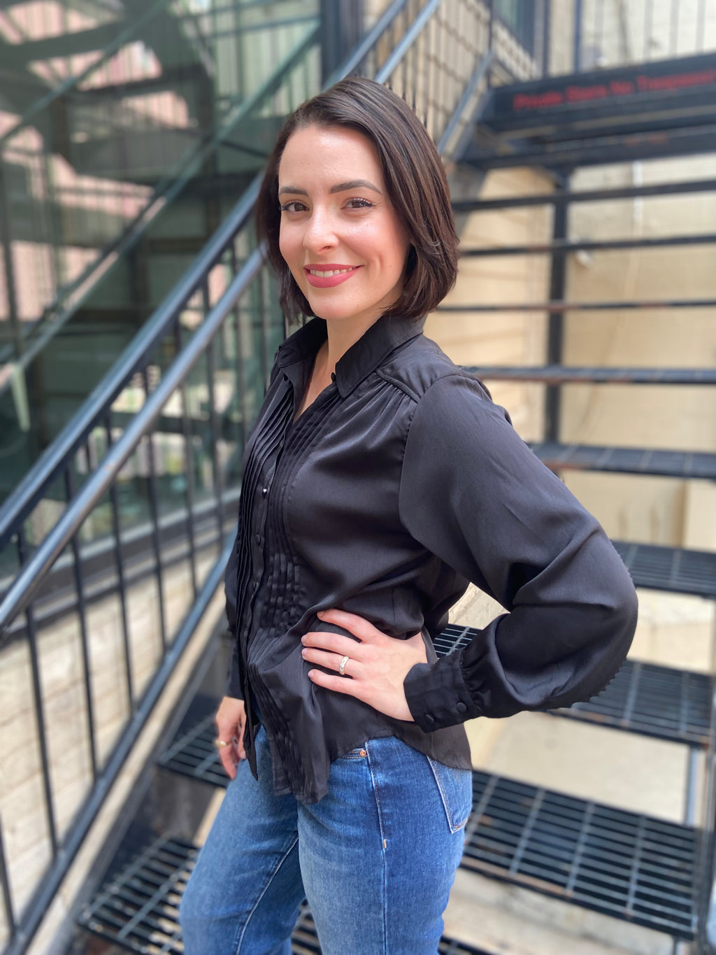 Kate Black Pleated Long Sleeve Button Up
