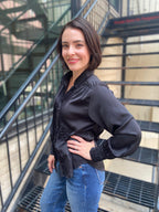Kate Black Pleated Long Sleeve Button Up