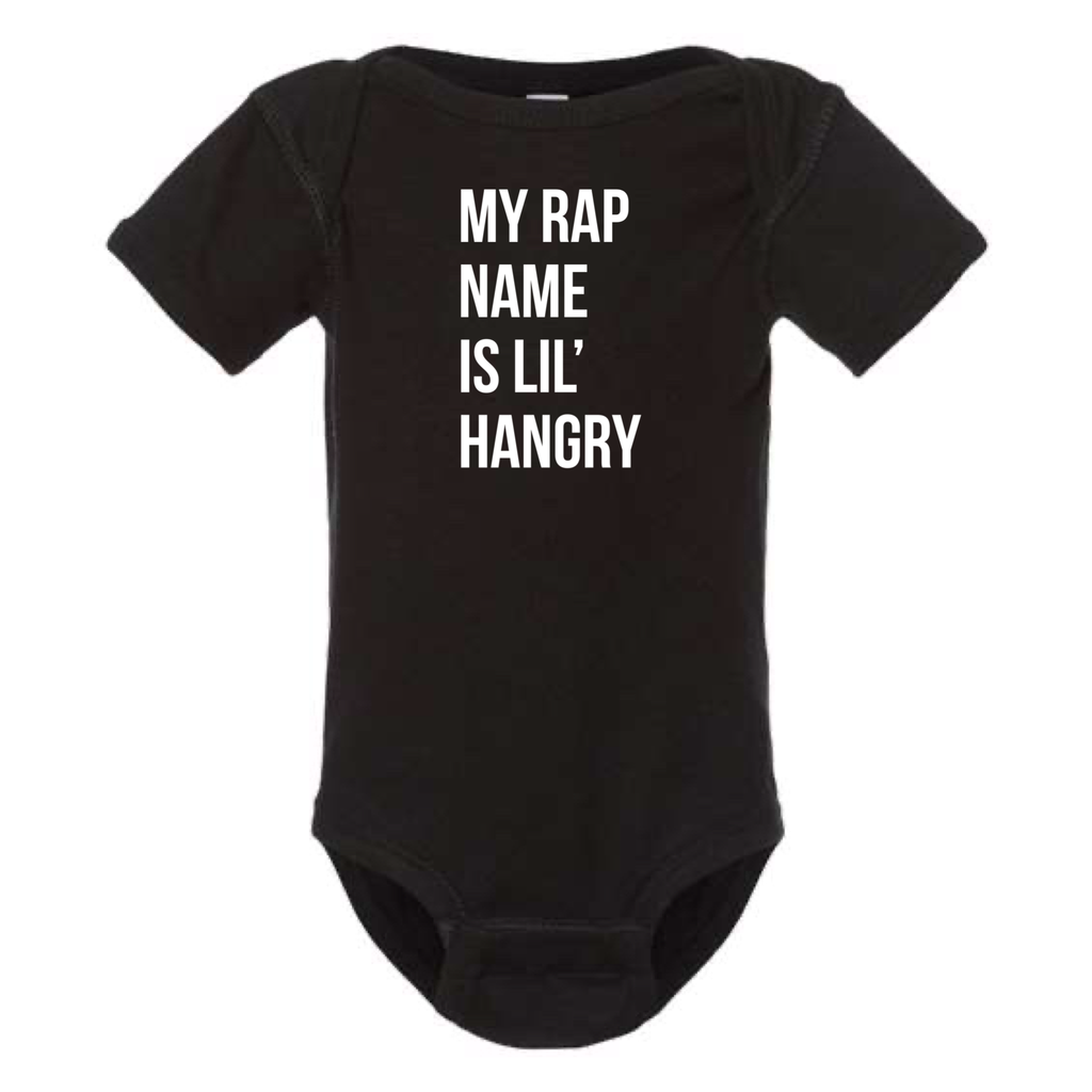 MY RAP NAME IS LIL' HANGRY BABY ONESIE: Athletic Gray -6 months