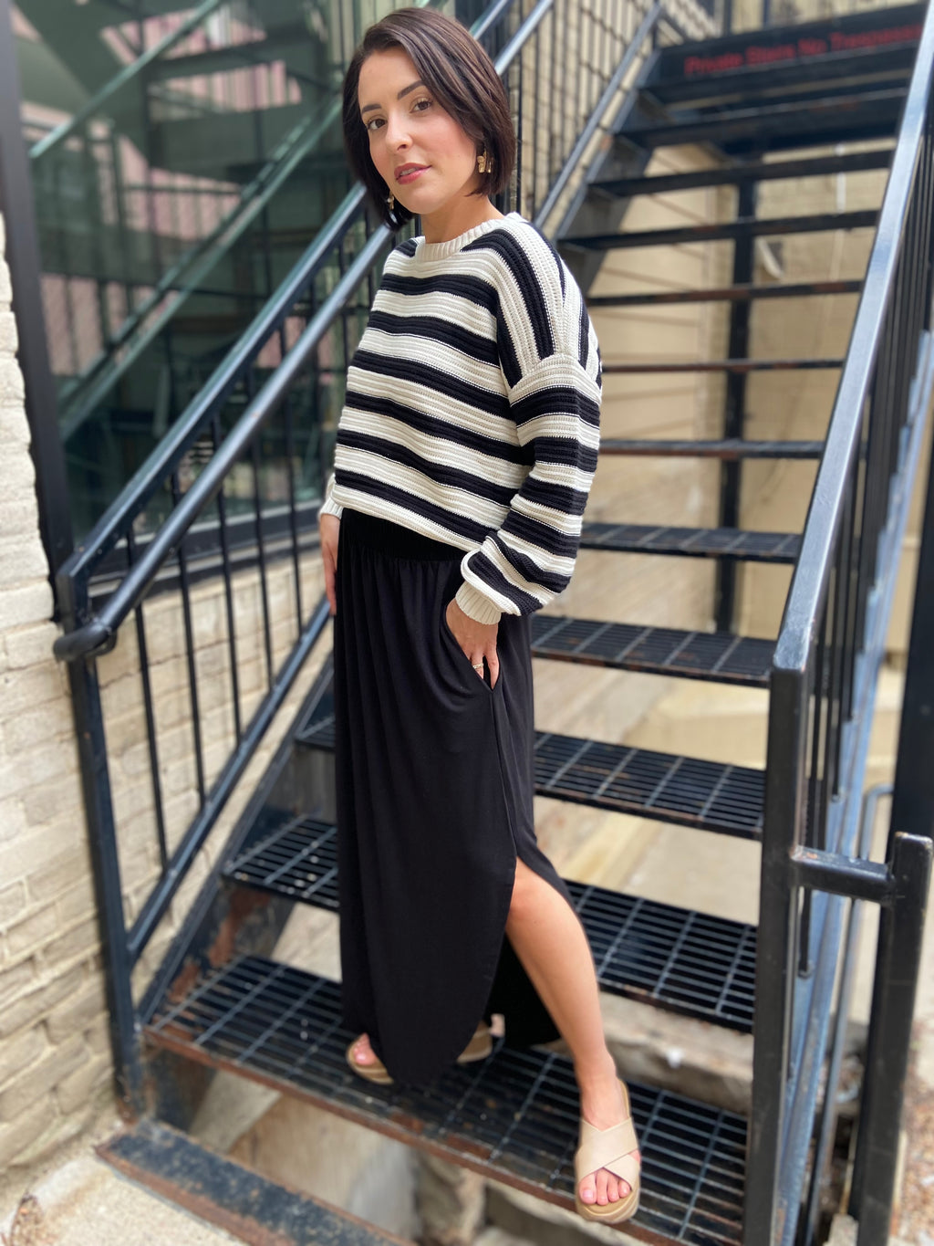 Mika Black Smocked Waist Side Slit Midi Skirt