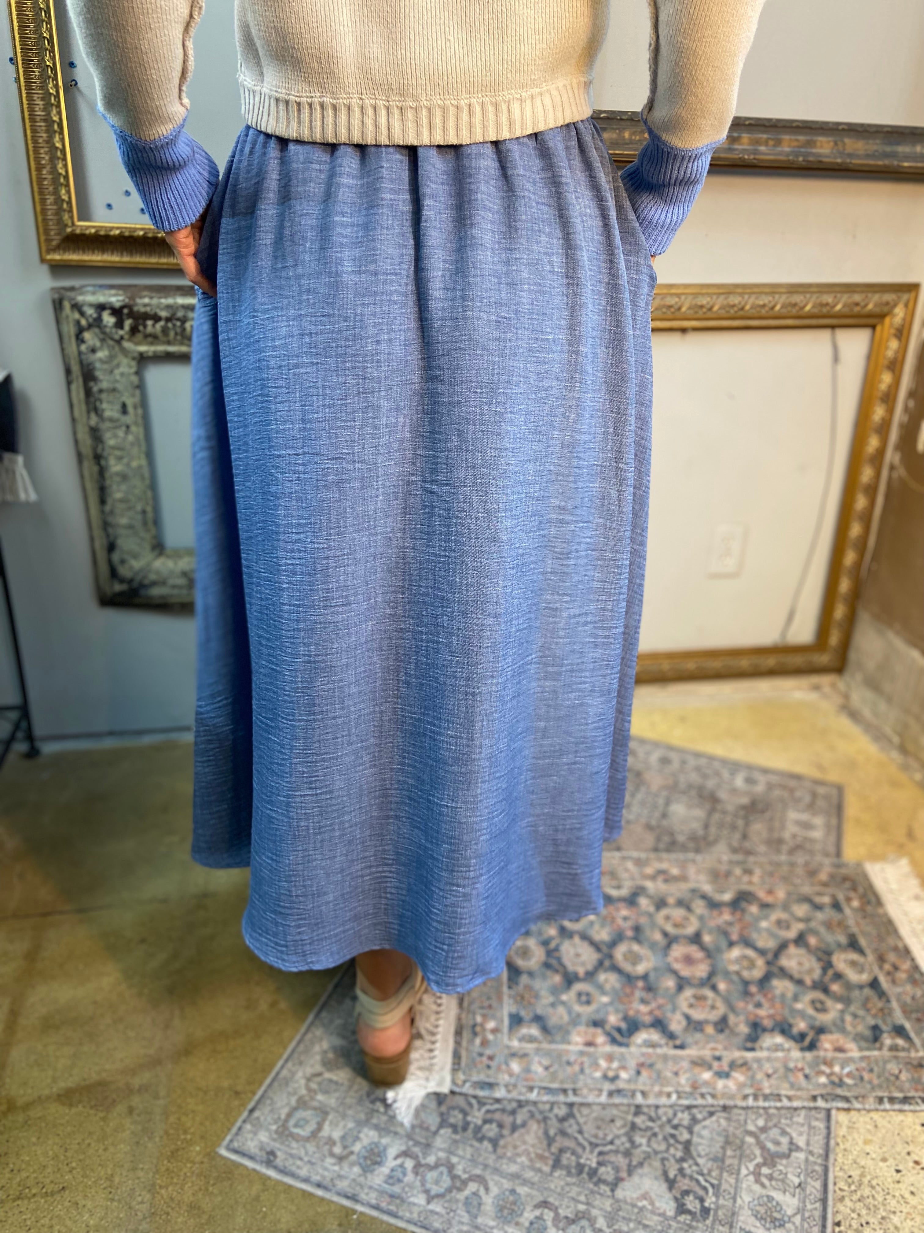 Sall Denim Blue High Waisted Elastic Midi Skirt - MK Threads Boutique