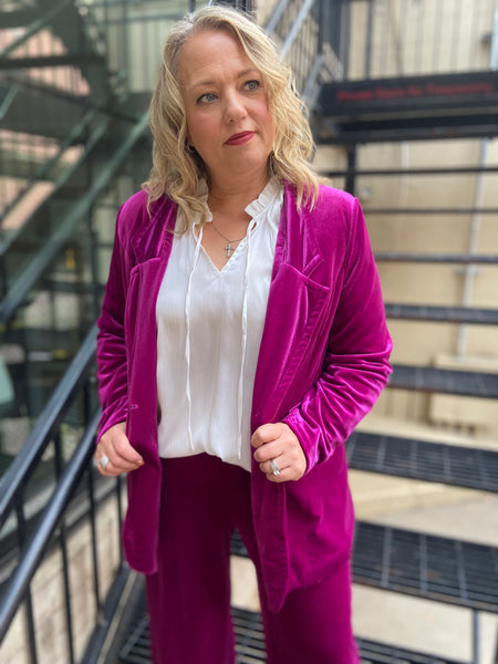 Sassy Magenta  Plus Size Velvet Blazer & Pants Set