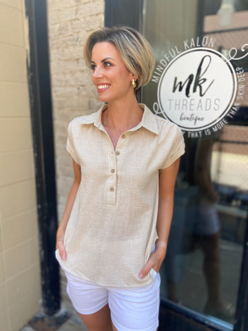 Ronan Khaki Half Button Striped Top