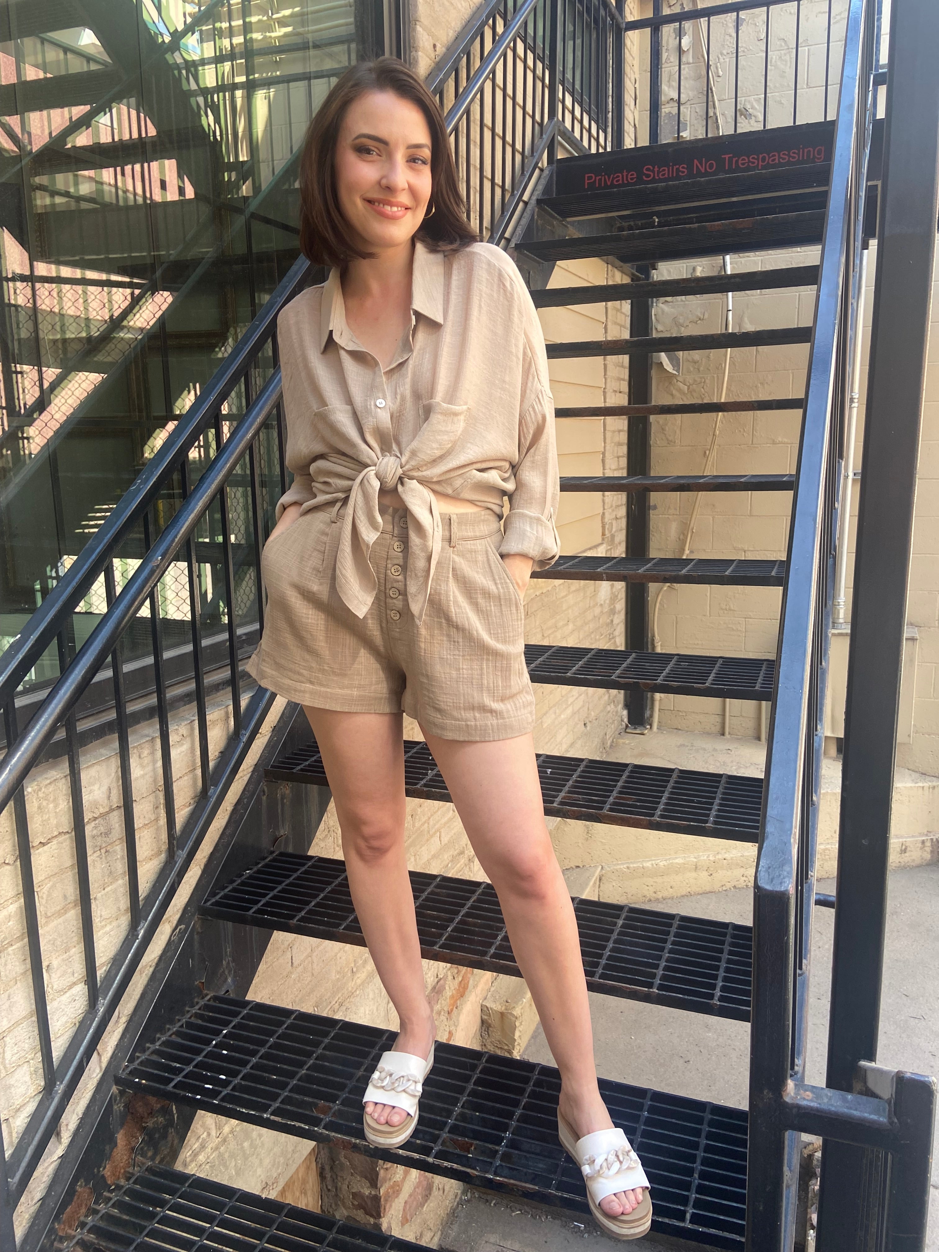 Catalina Taupe High Waisted Button Shorts - MK Threads Boutique