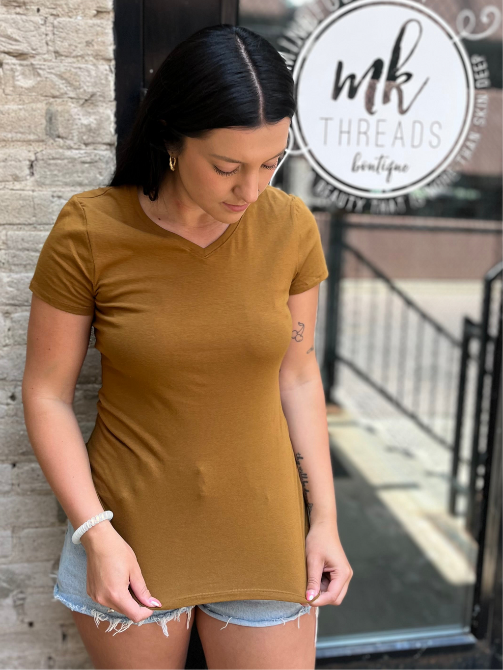 Sia Bronze Brown Basic V-Neck Top