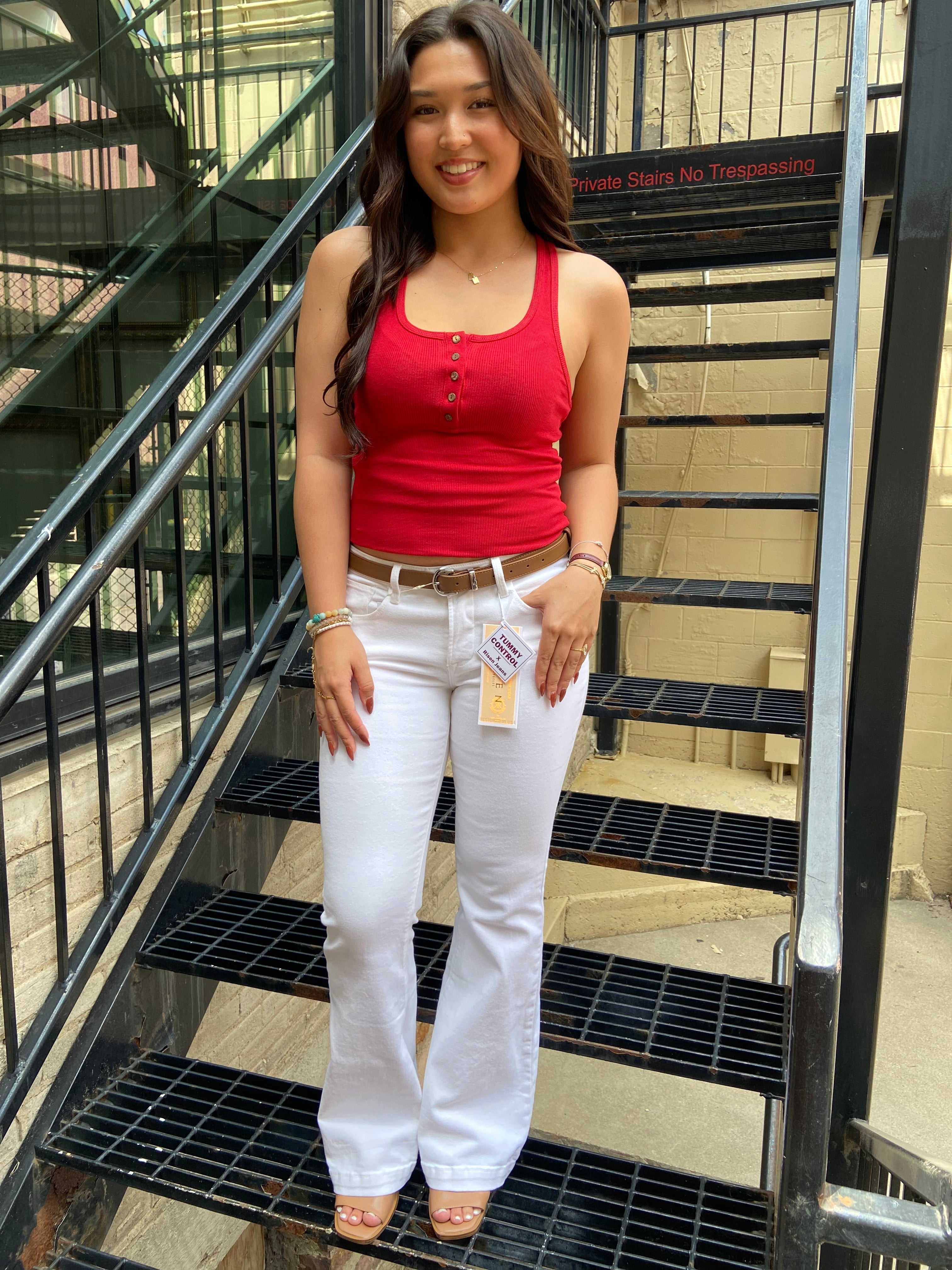 Emma Red Square Neck Button Tank Top