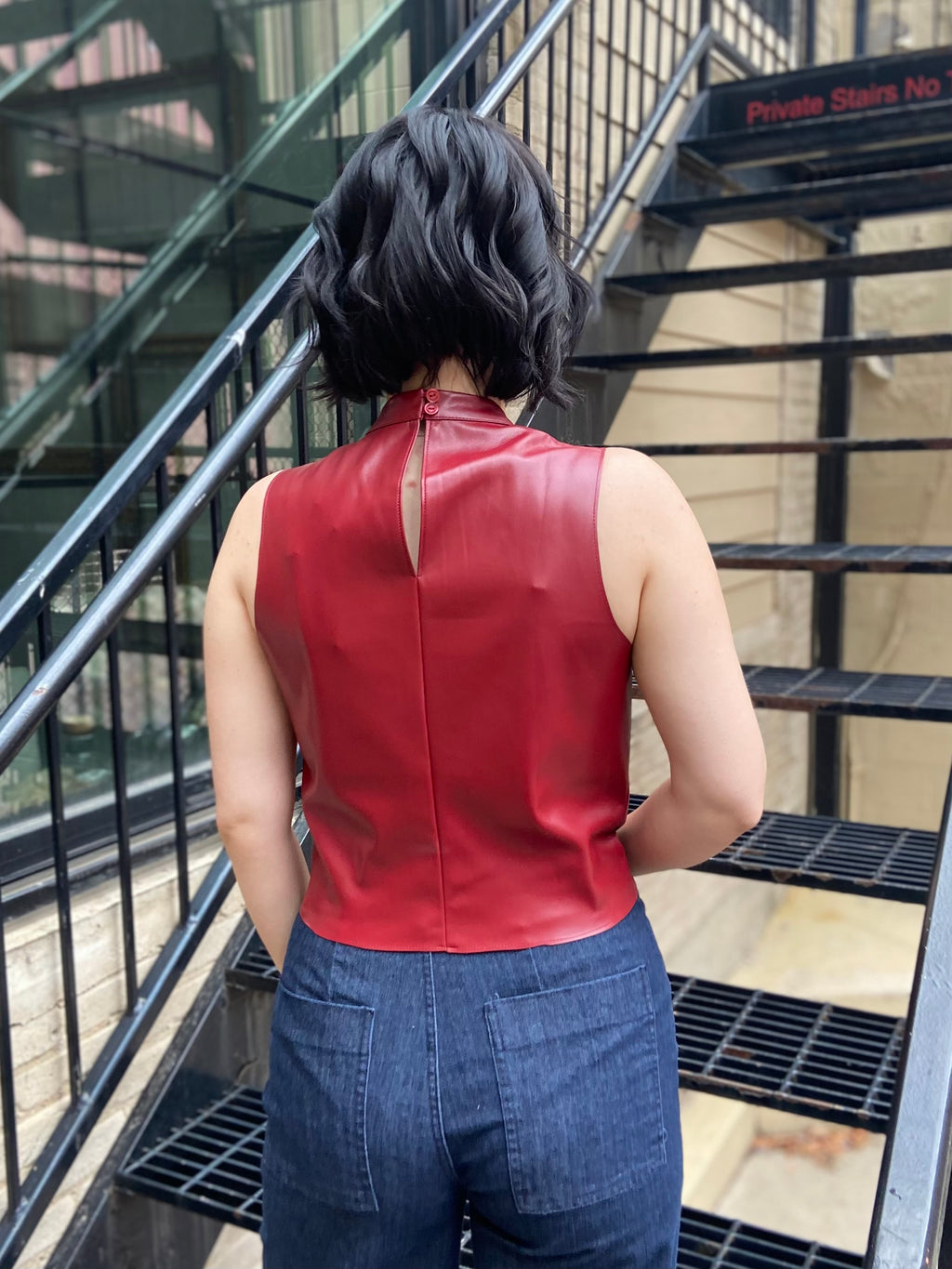 Mary Burgundy Vegan Leather Mock Neck Sleeveless Top