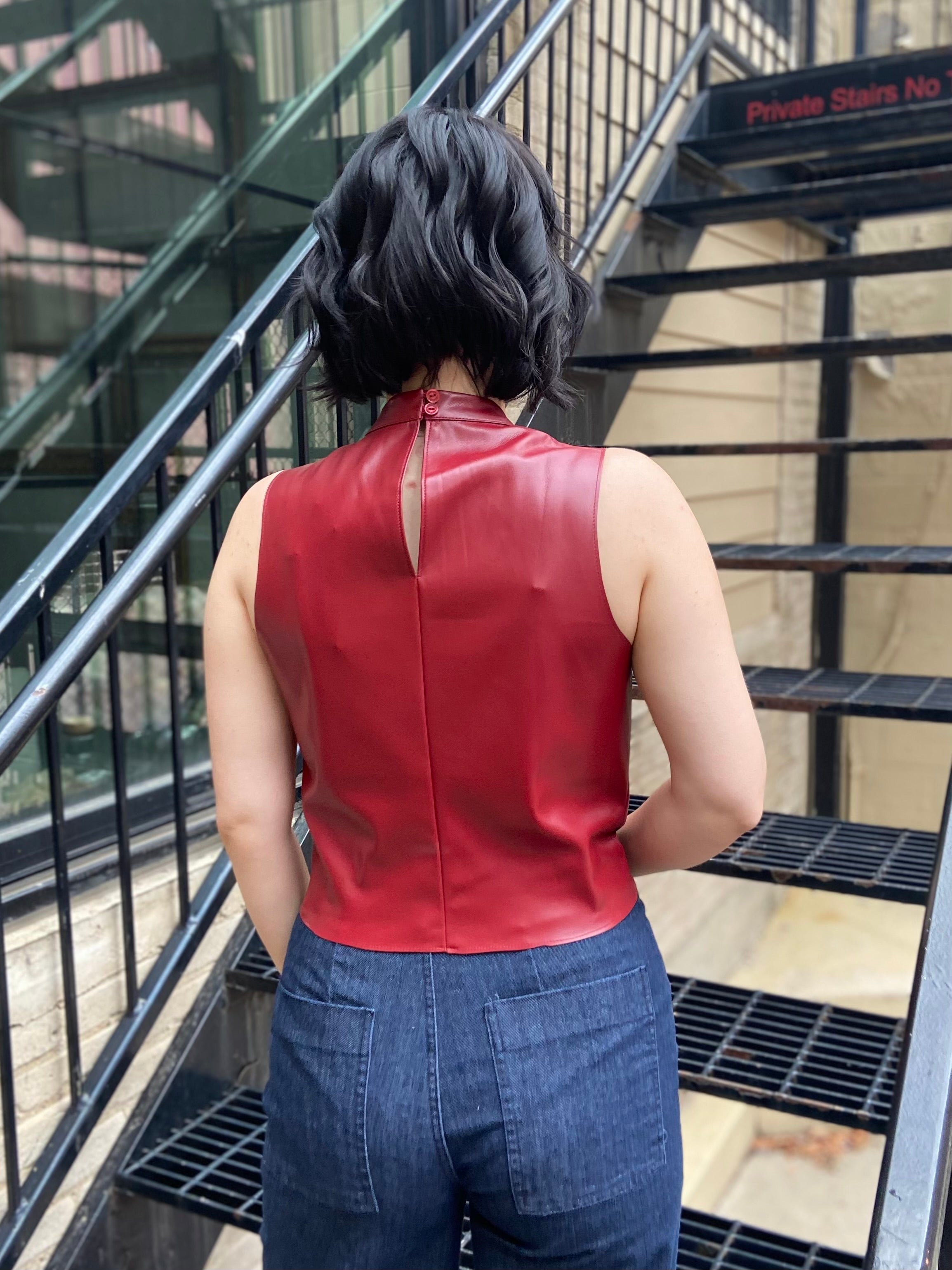 Mary Burgundy Vegan Leather Mock Neck Sleeveless Top