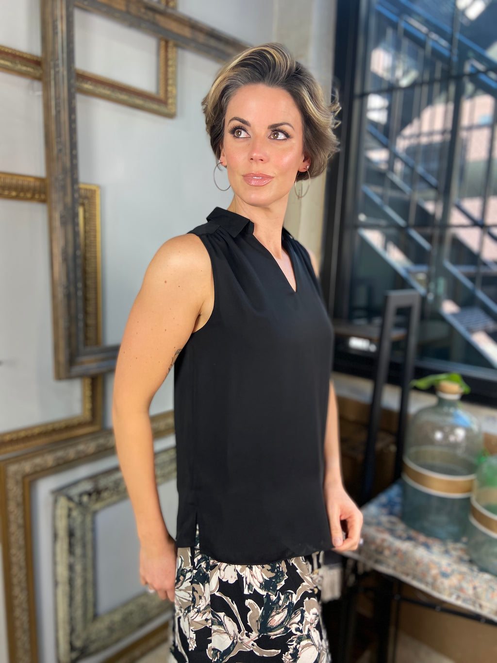 Stacy Black Sleeveless Collard V- Neck Top