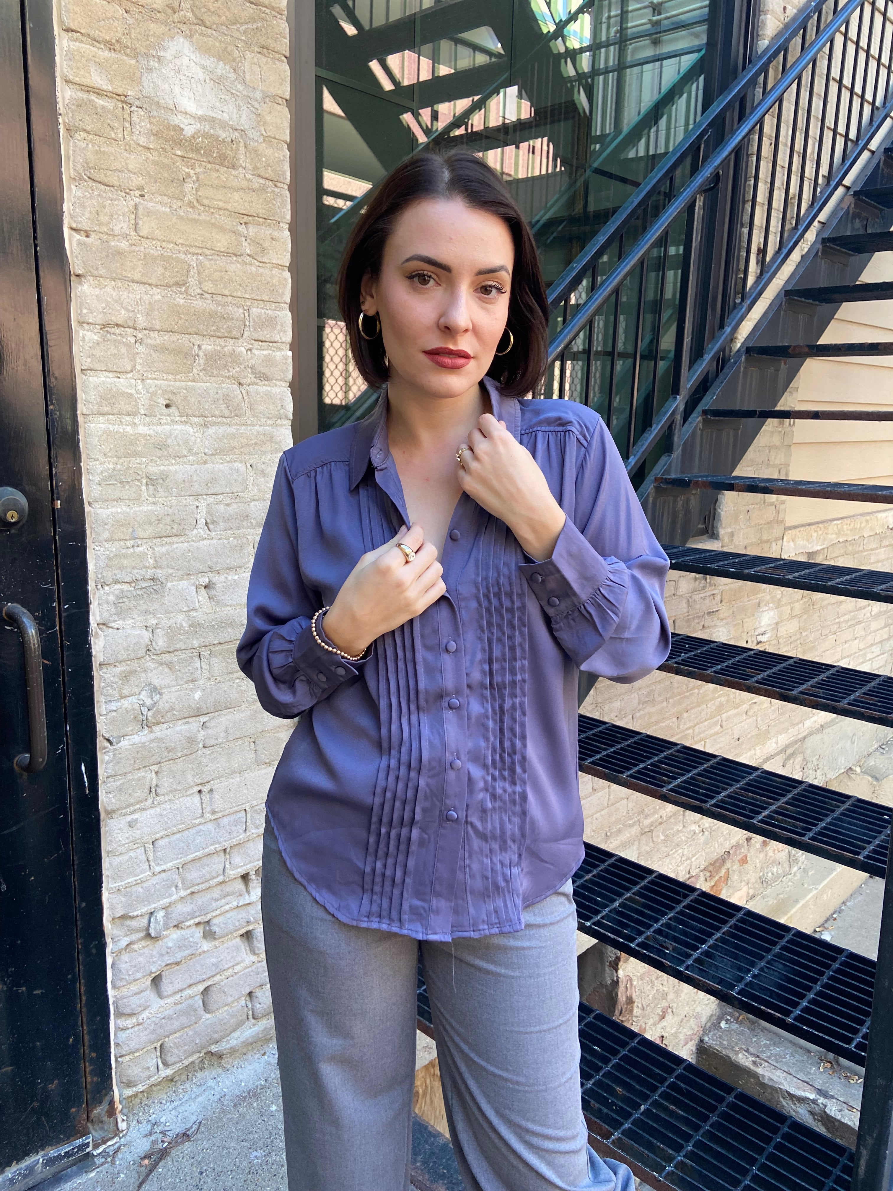 Kate Dusty Blue Pleated Long Sleeve Button Up