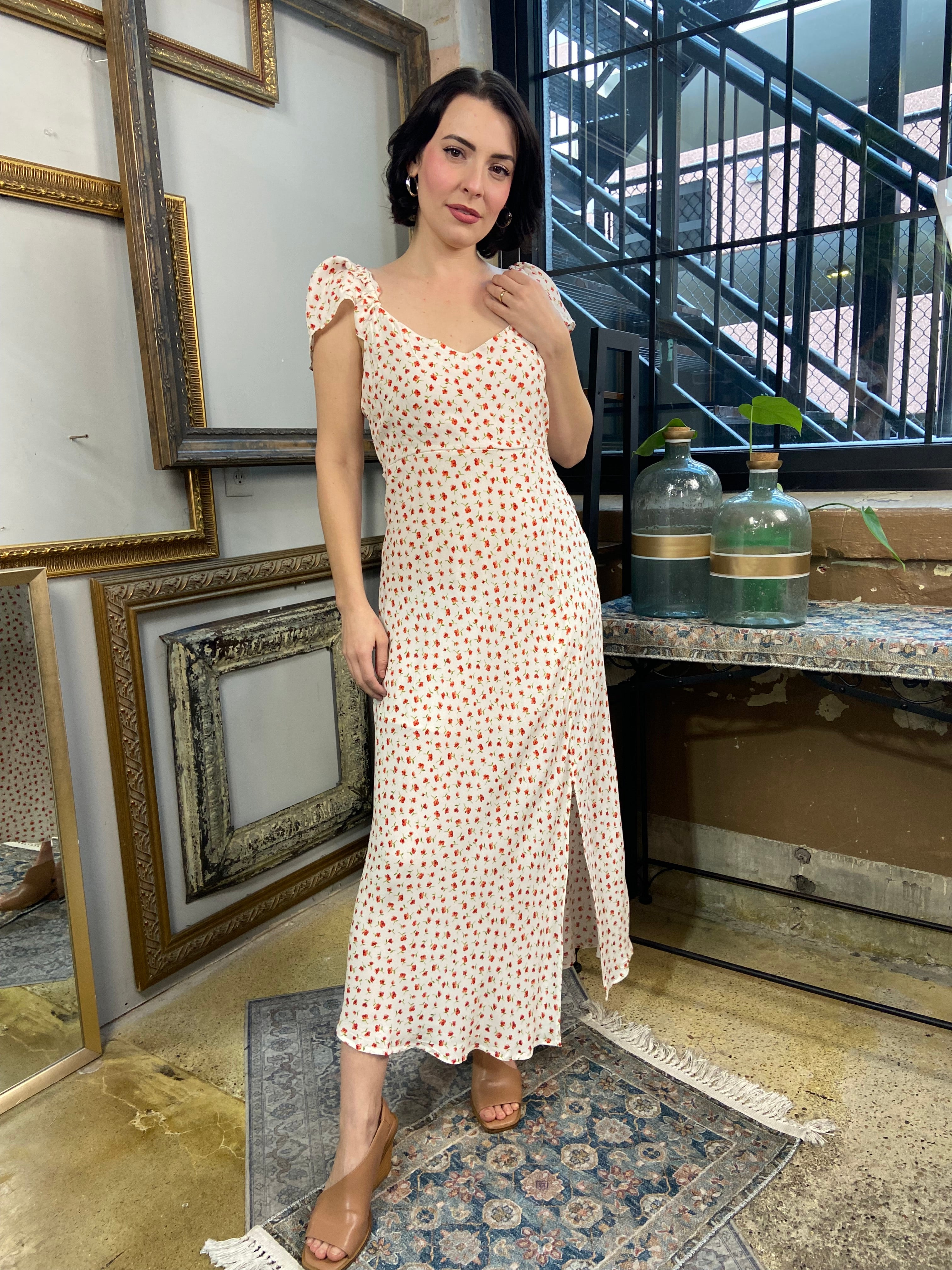 Brooklyn Cream Rose Dainty Slit Midi Dress