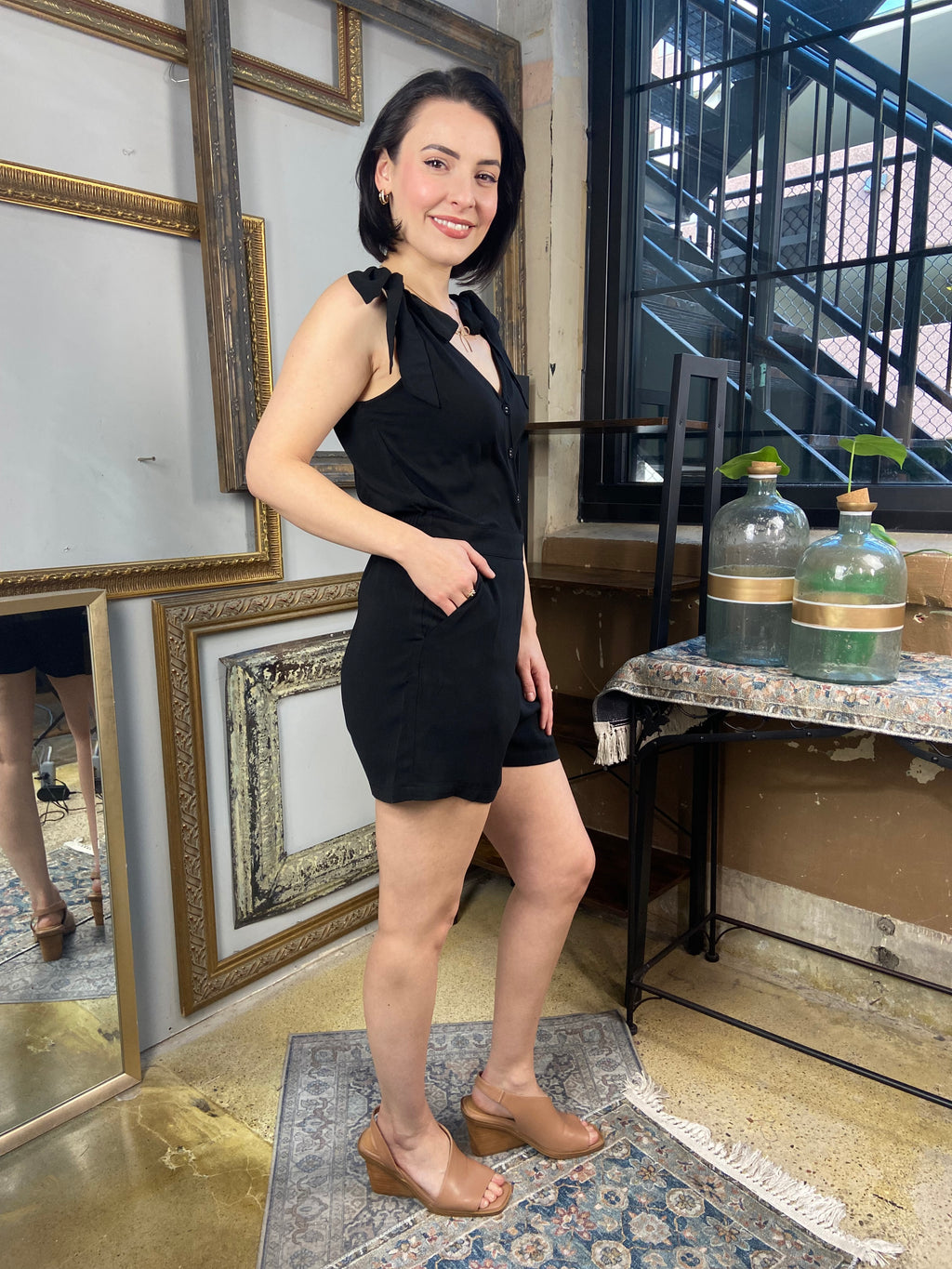 Cynthia Black Shoulder Knot Sleeveless Romper