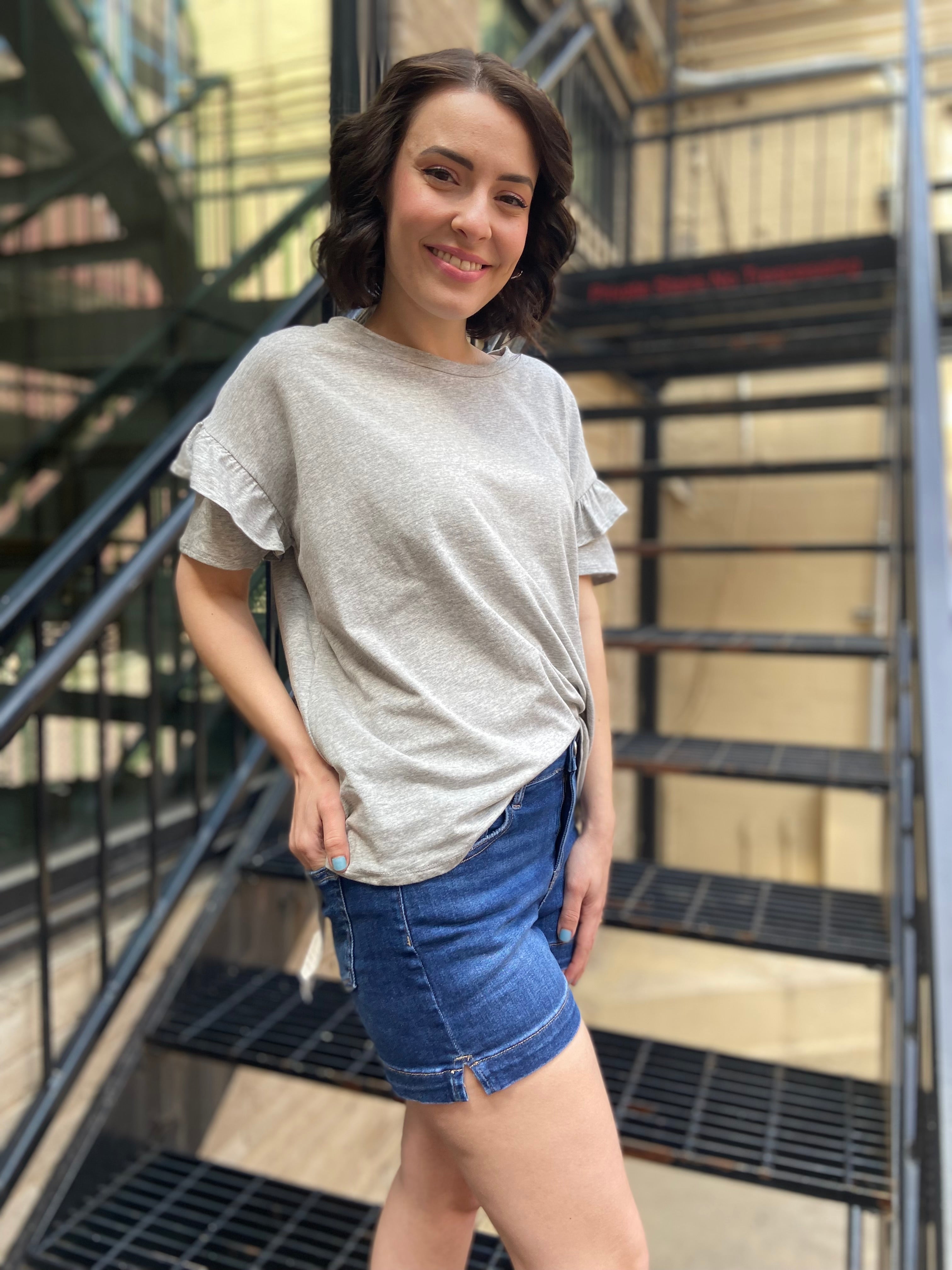 Margot Gray Ruffle Sleeve Top - MK Threads Boutique