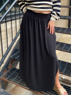 Mika Black Smocked Waist Side Slit Midi Skirt