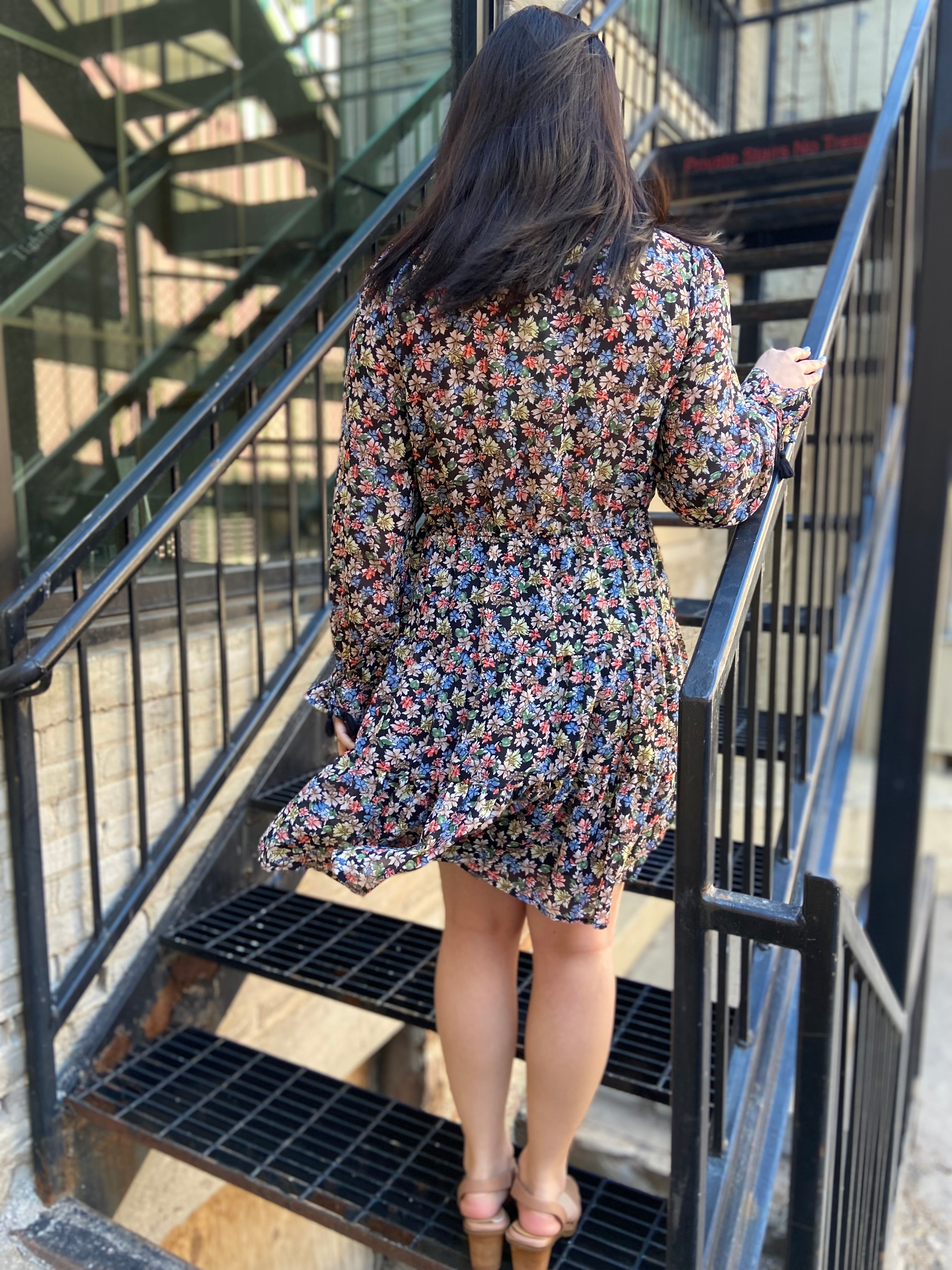 Courtney Black Floral Dainty Long Sleeve Mini Dress