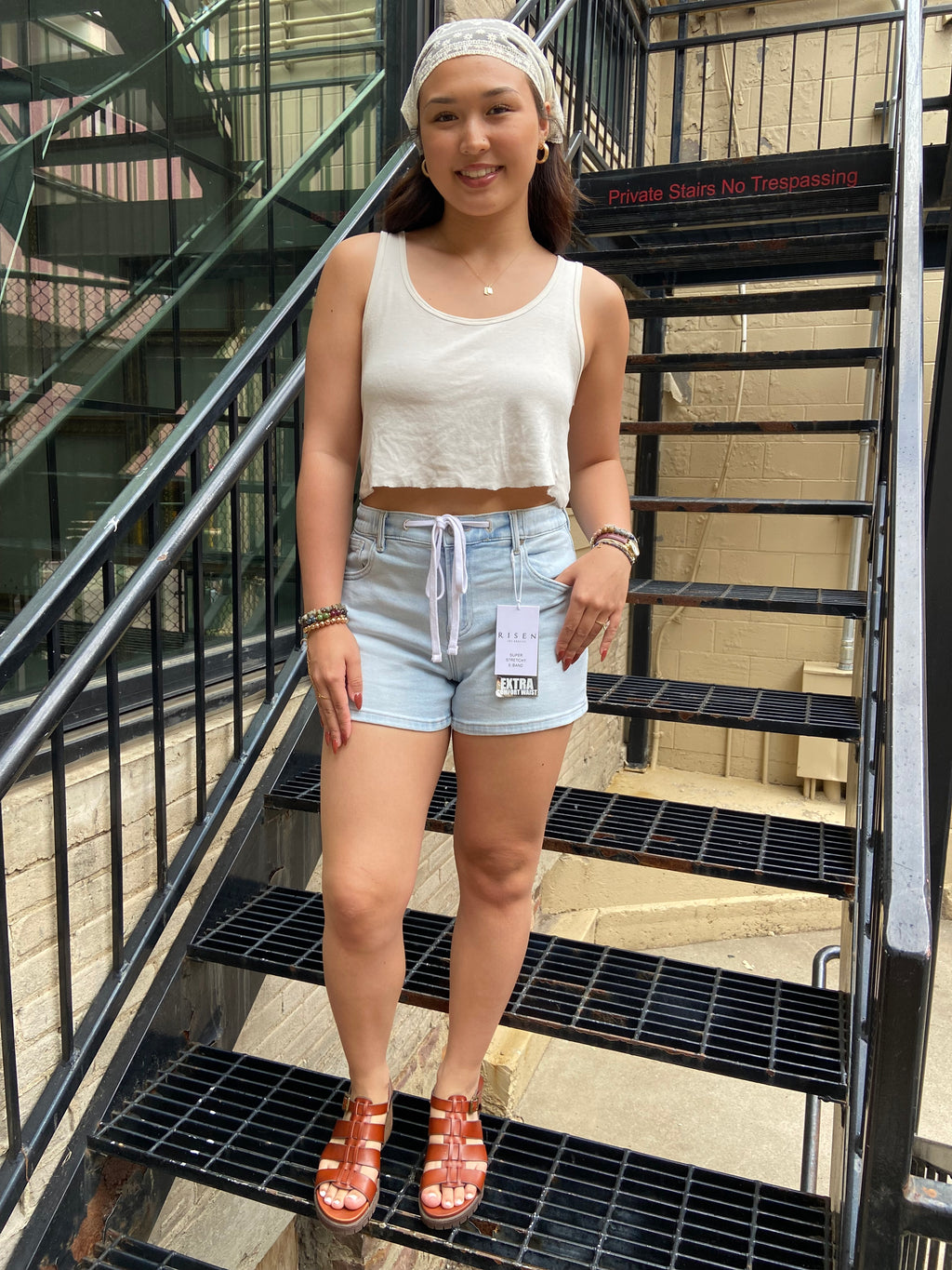 Allie Light Wash Elastic Tie Risen Jean Shorts