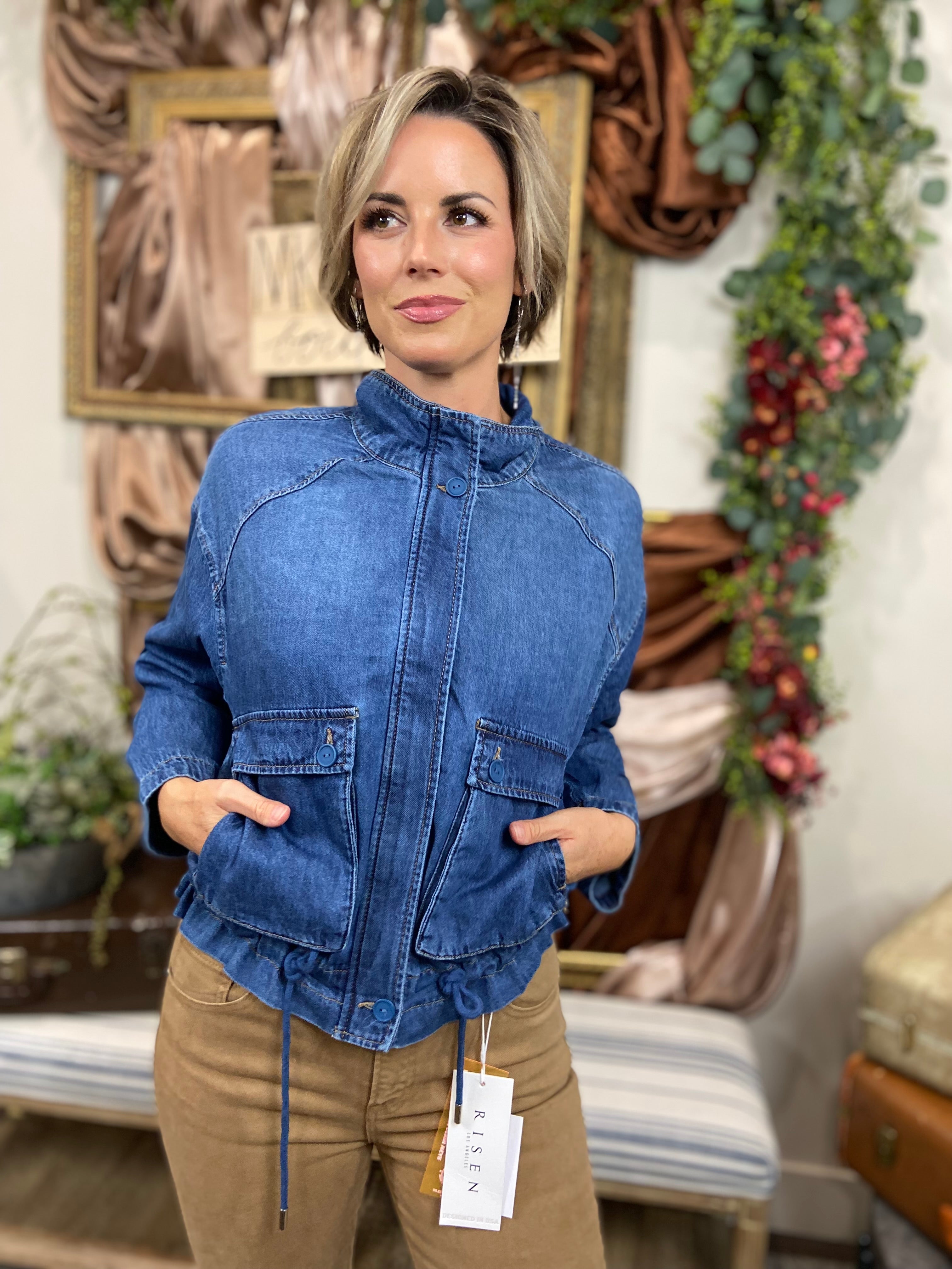Jessica Dark Wash Denim Zip Up Risen Jacket