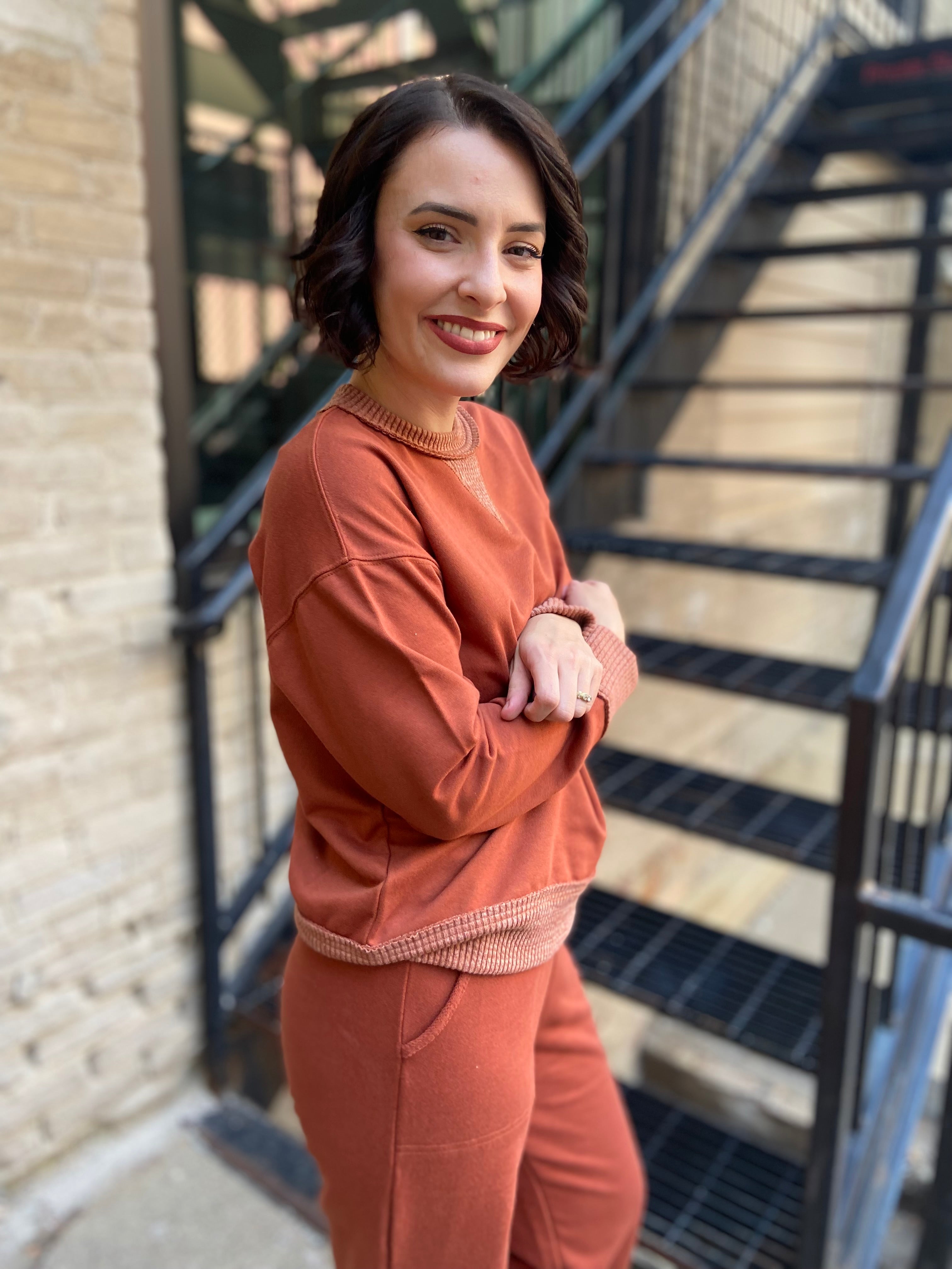 Stephanie Rust Ribbed Terry Knit Crewneck