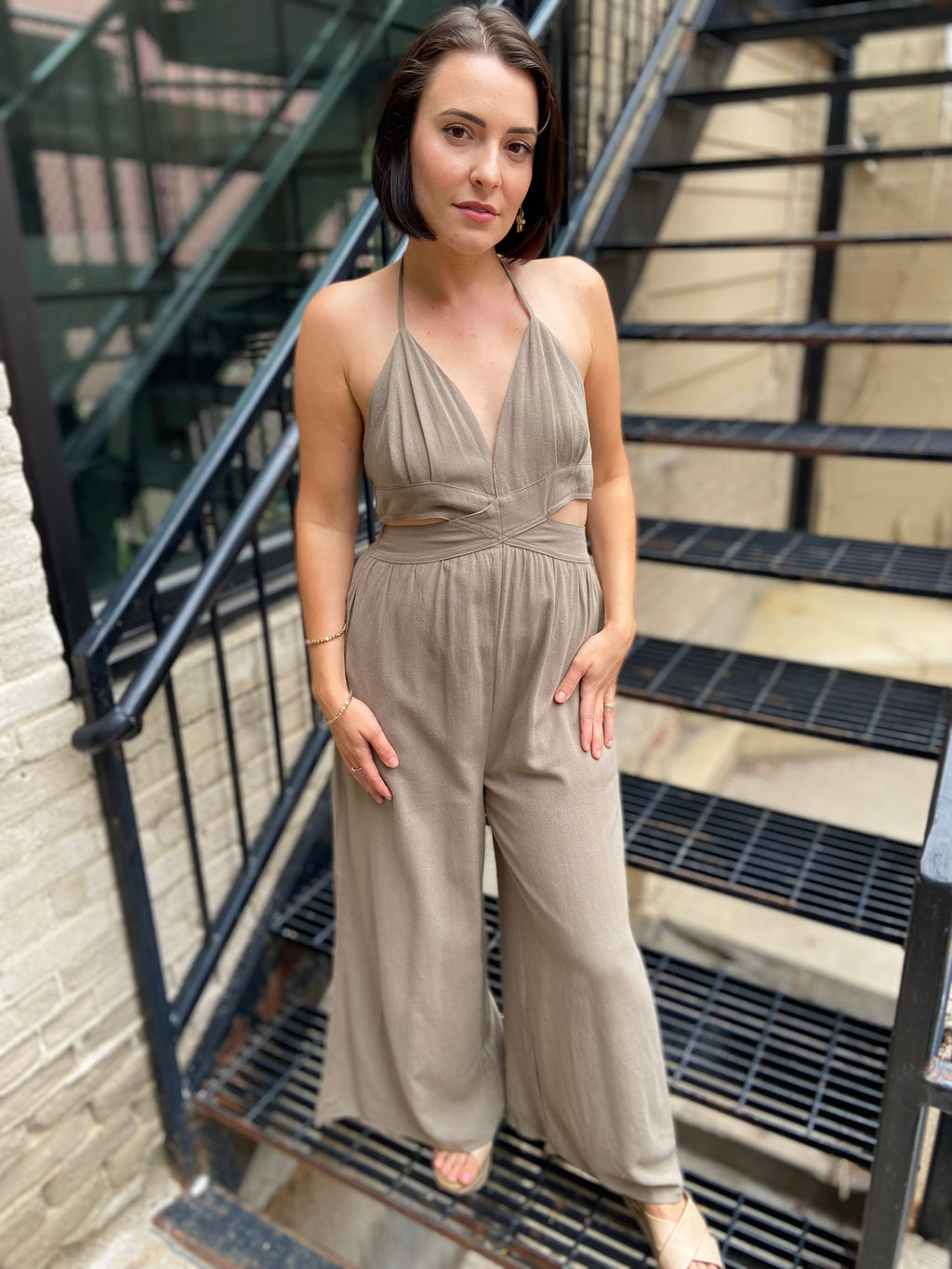 Lia Olive Grey Halter Neck Jumpsuit