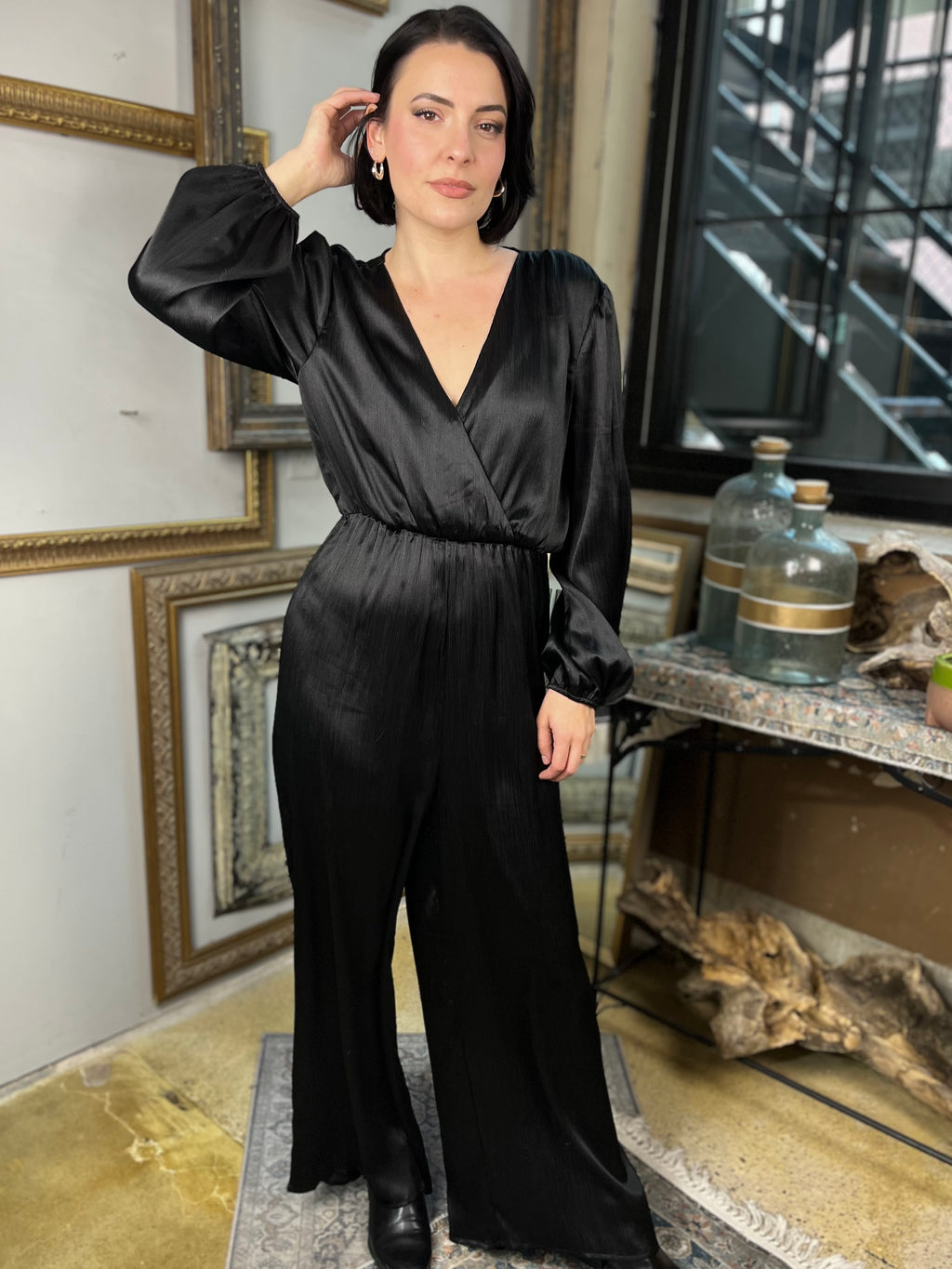 Drew Black V-Neck Satin Jumpsuit