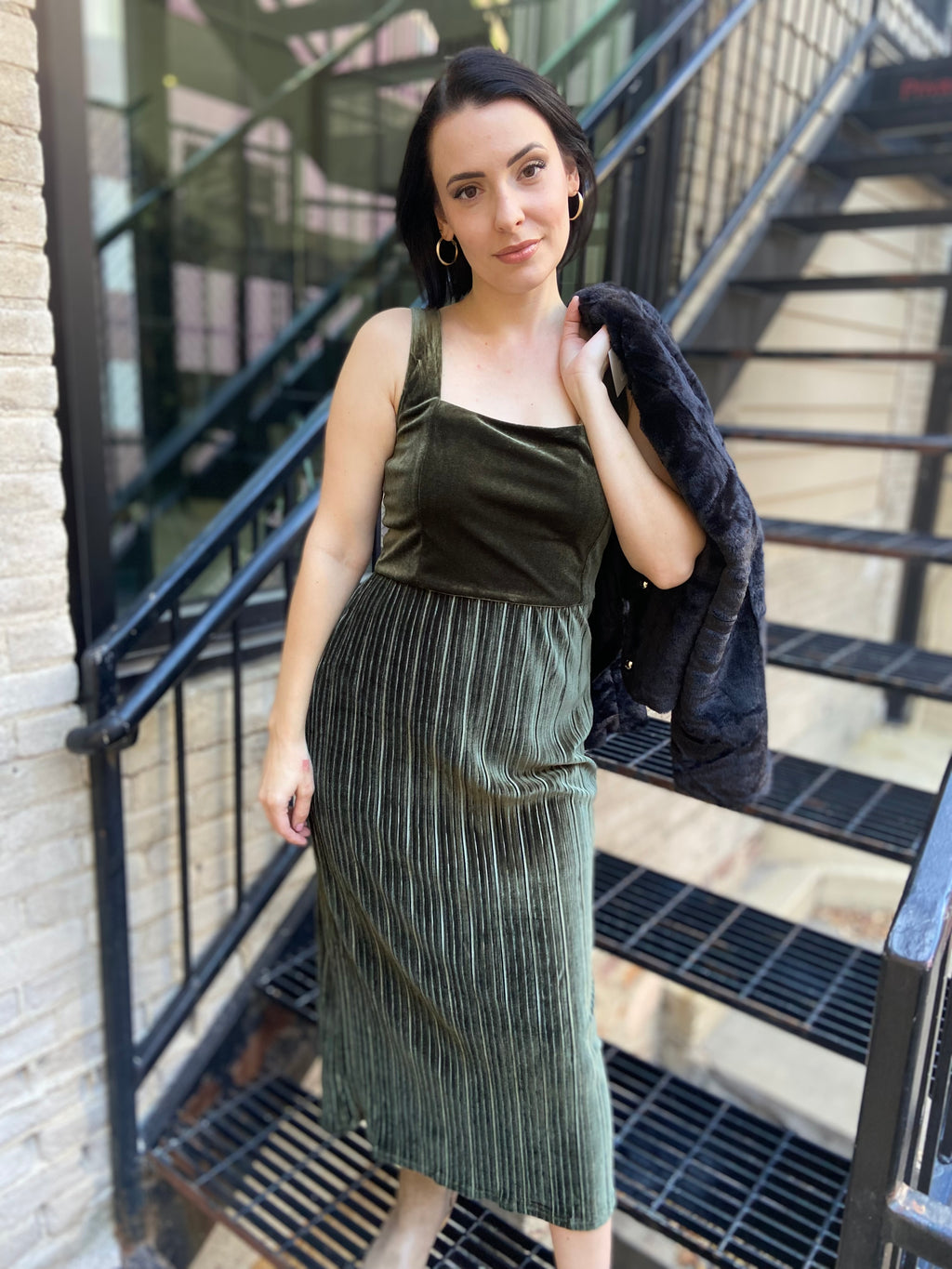 Tiana Olive Velvet Pleated Maxi Dress