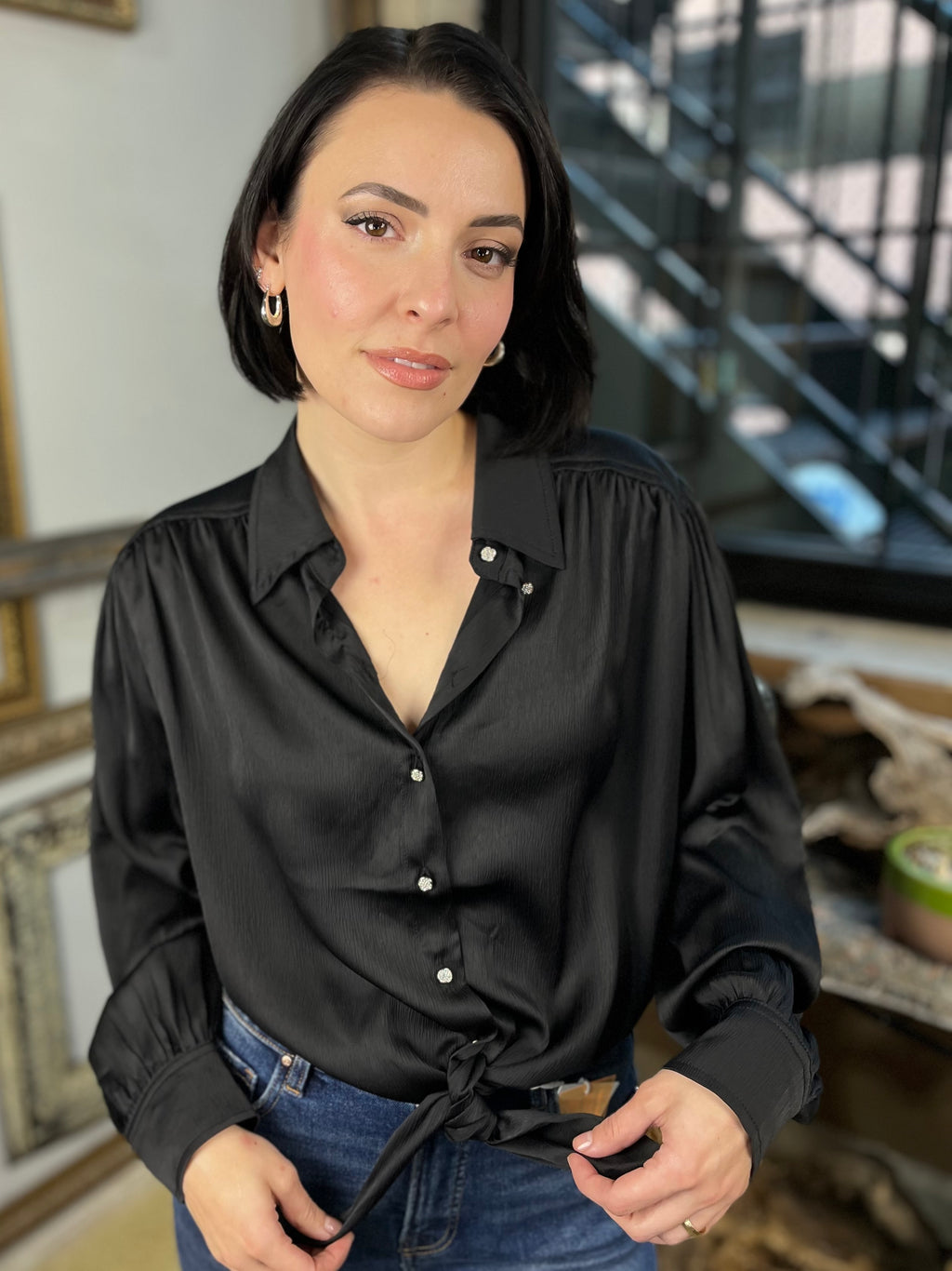 Billie Black Button Detail Long Sleeve  Button Up