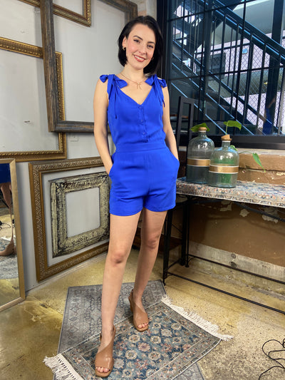 Cynthia Capri Blue Shoulder Knot Sleeveless Romper