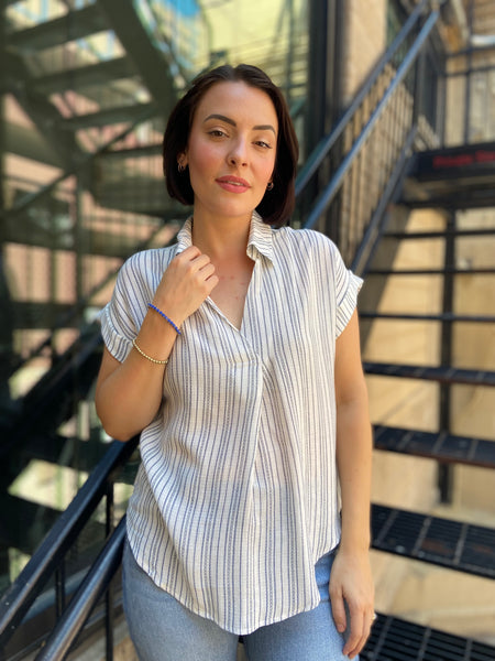 Ozias Plus Navy Striped Pintuck Cuffed Sleeve Top