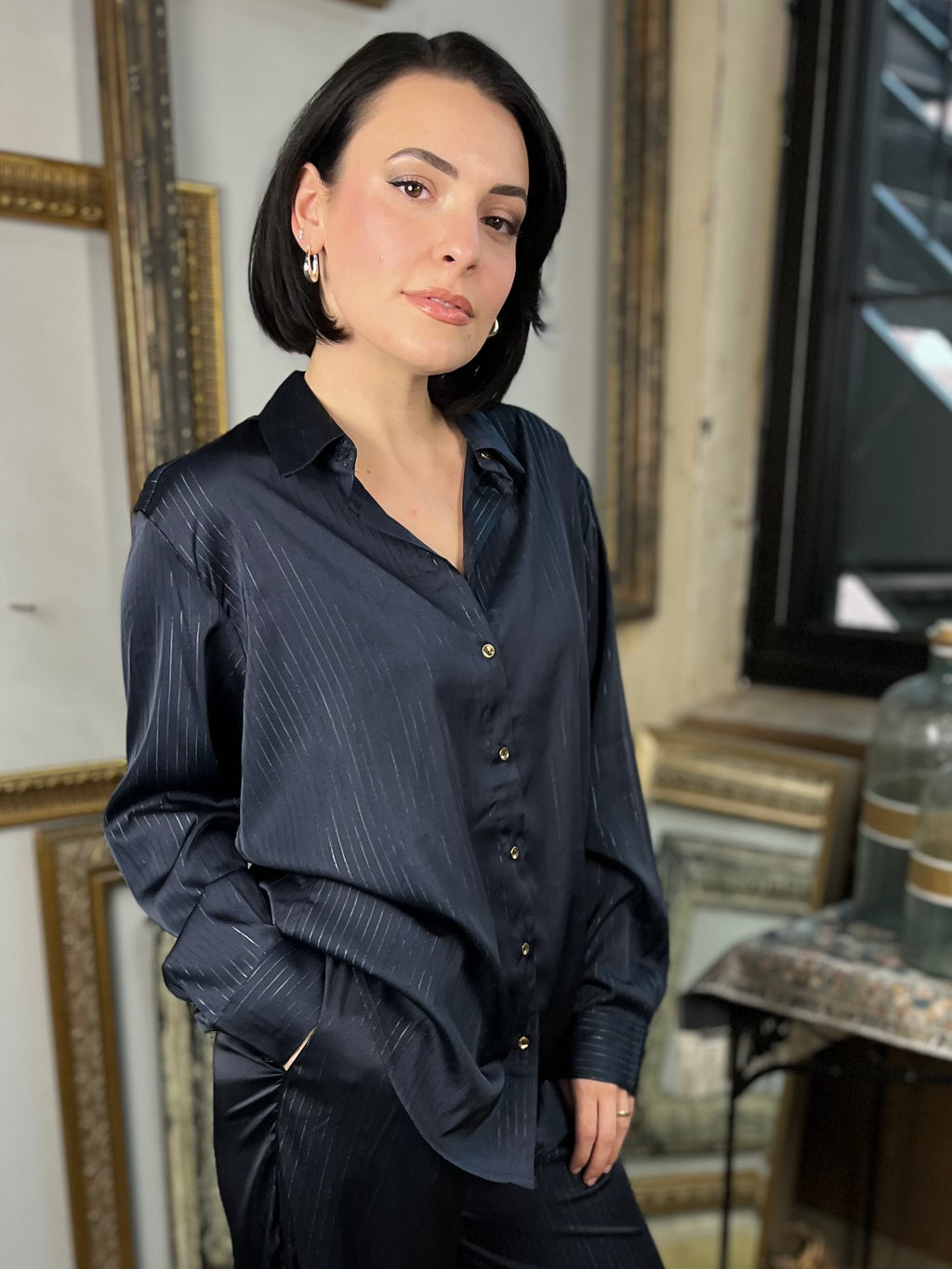 Nito Navy Satin Pin Stripe Button Up