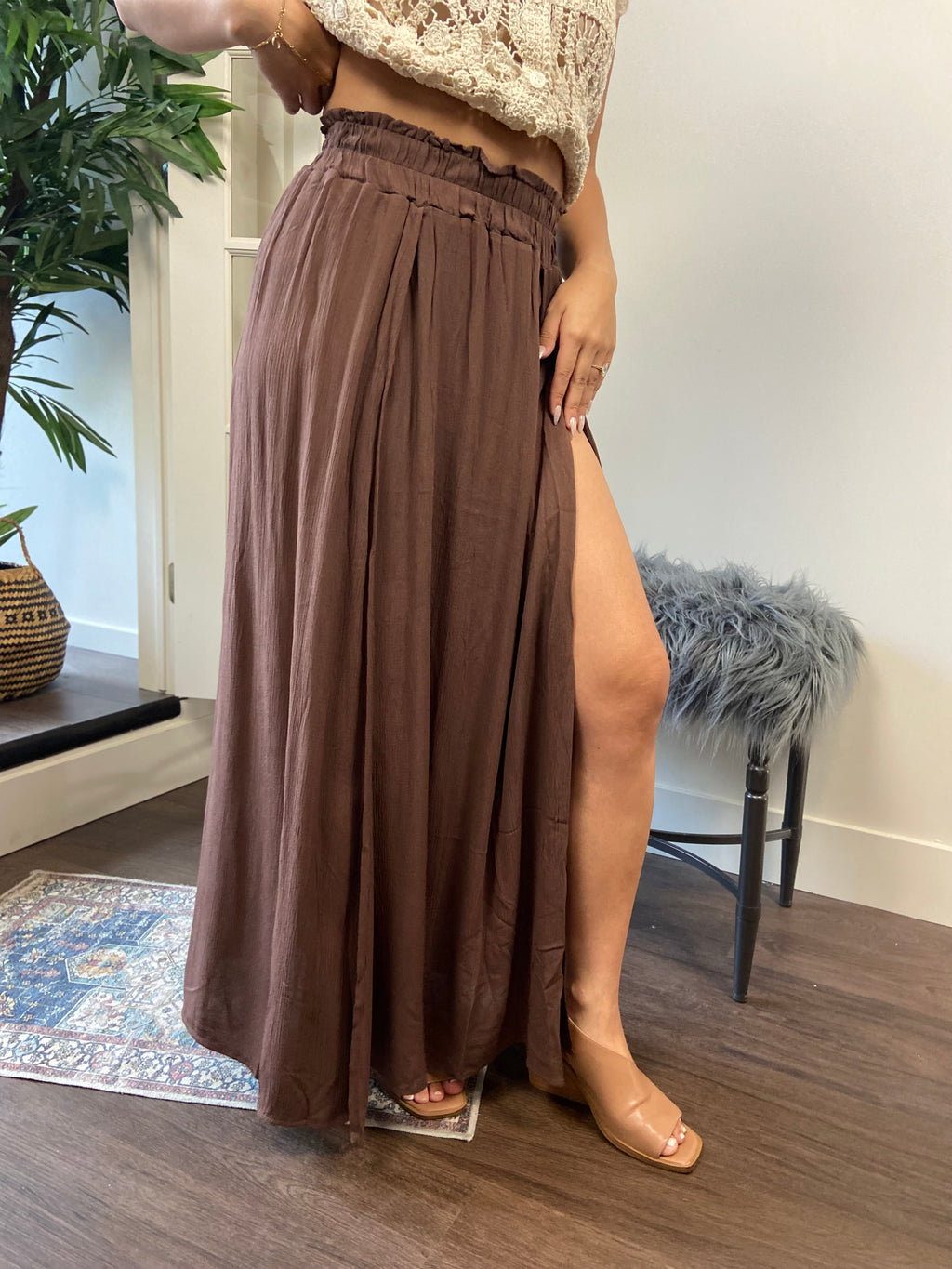 Theo Brown Midi Crinkle Slit Skirt - MK Threads Boutique