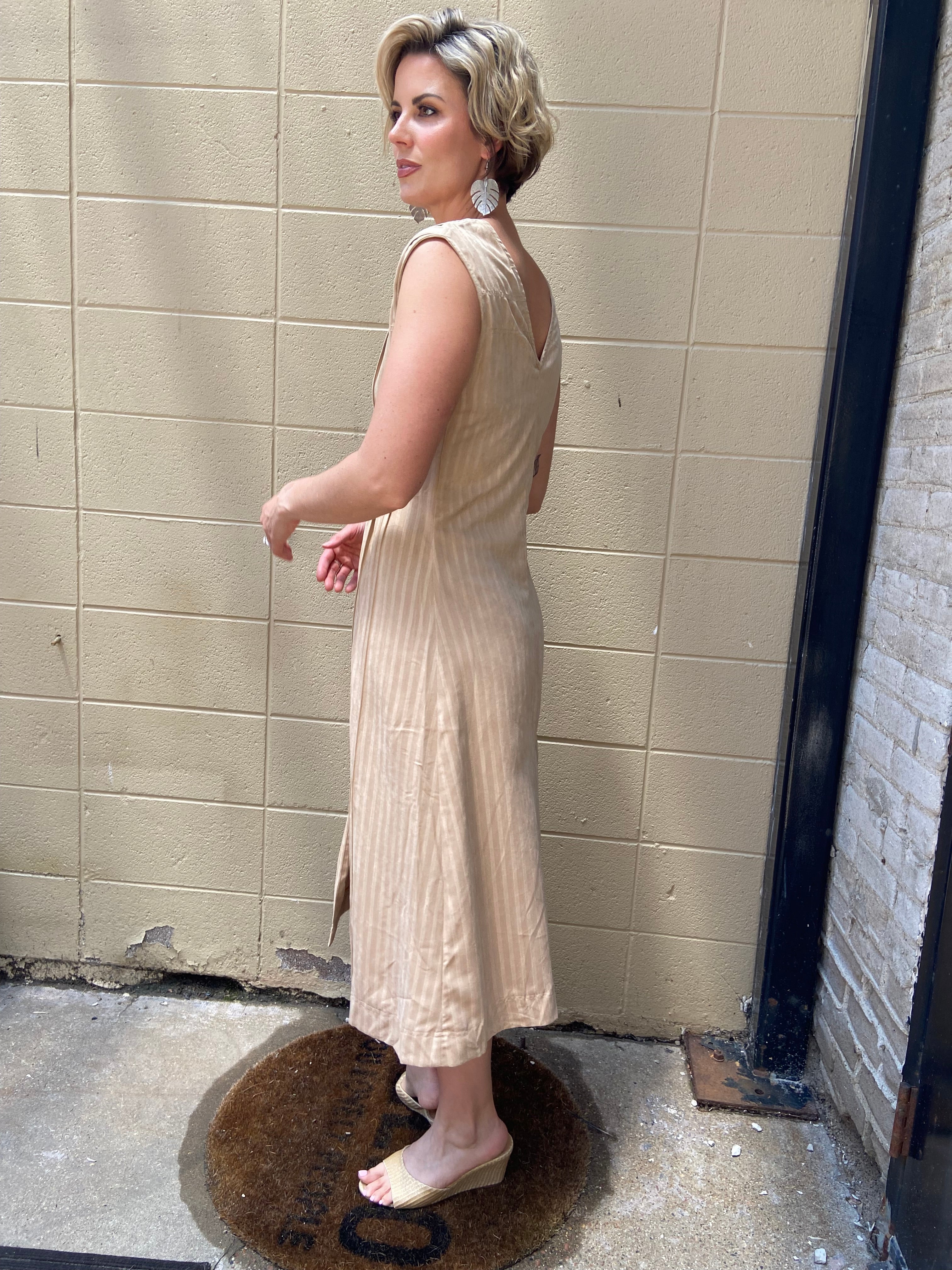 Theo Beige V Neck Striped Midi Dress - MK Threads Boutique