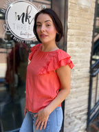 Tova Coral Ruffle Sleeve Bow Detail Top