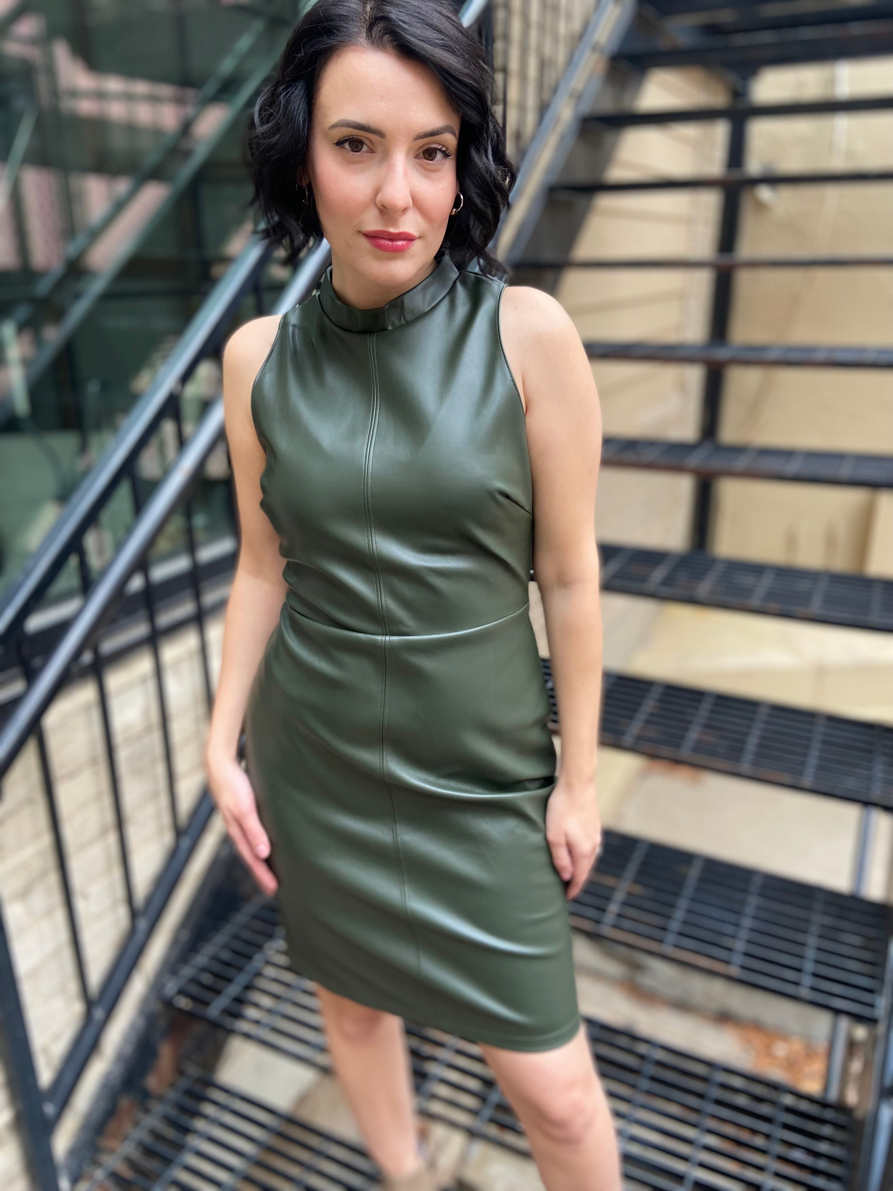 Malina Forest Green Vegan Leather High Neck Sleeveless Mini Dress