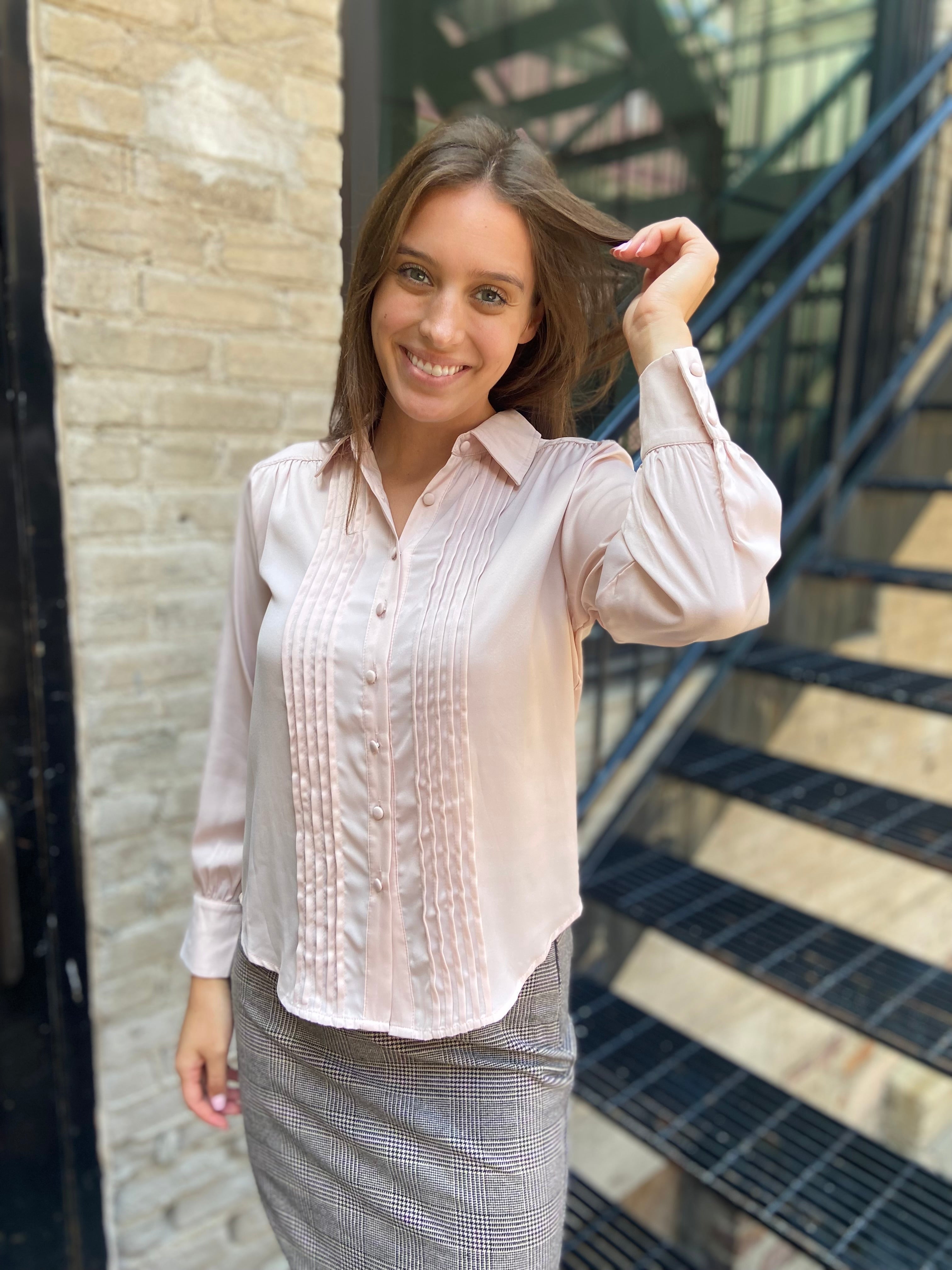 Kate Blush Pleated Long Sleeve Button Up