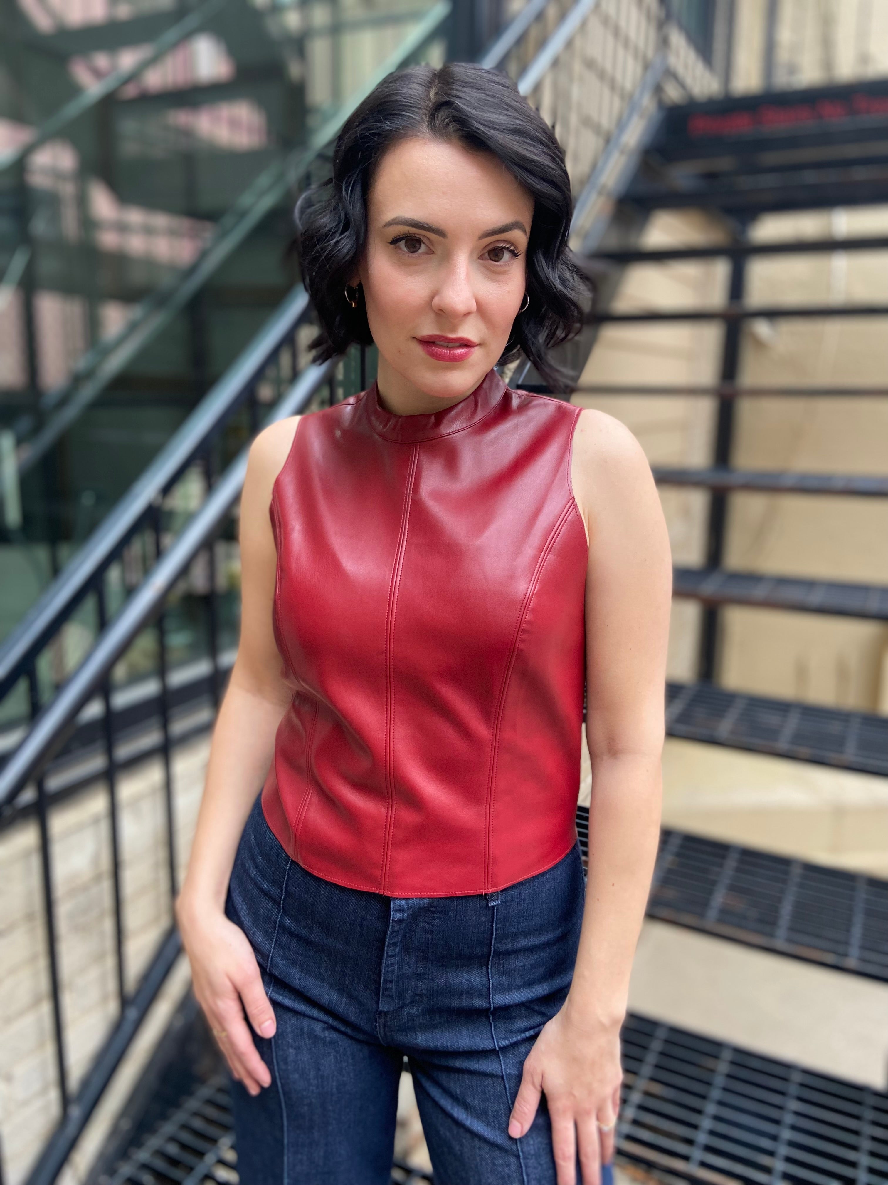 Mary Burgundy Vegan Leather Mock Neck Sleeveless Top